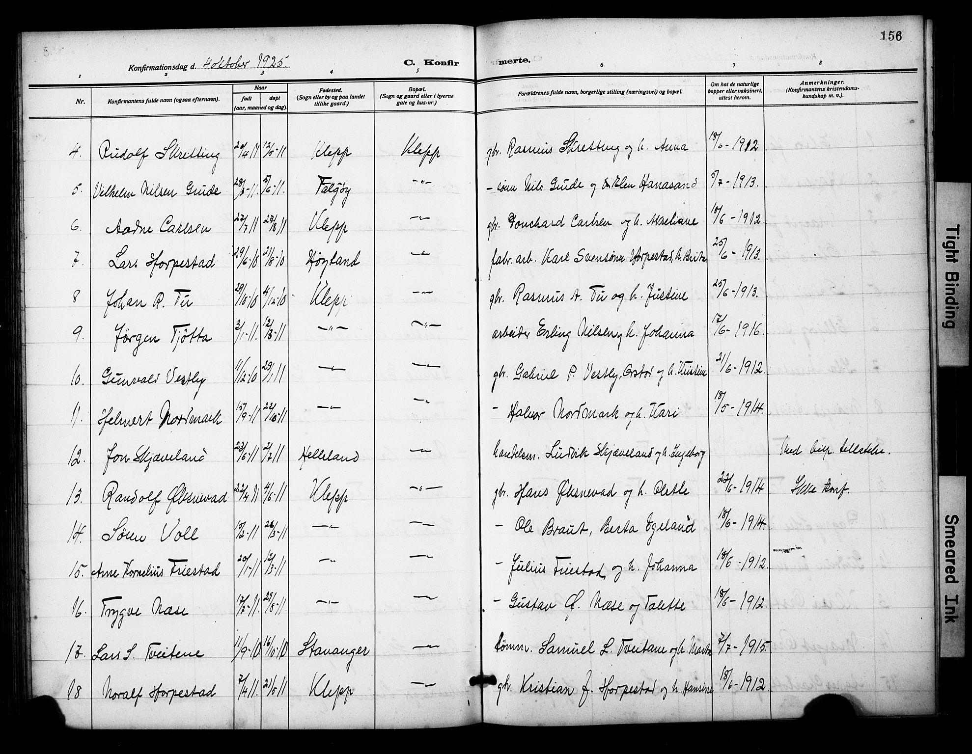 Klepp sokneprestkontor, AV/SAST-A-101803/001/3/30BB/L0007: Parish register (copy) no. B 7, 1908-1934, p. 156