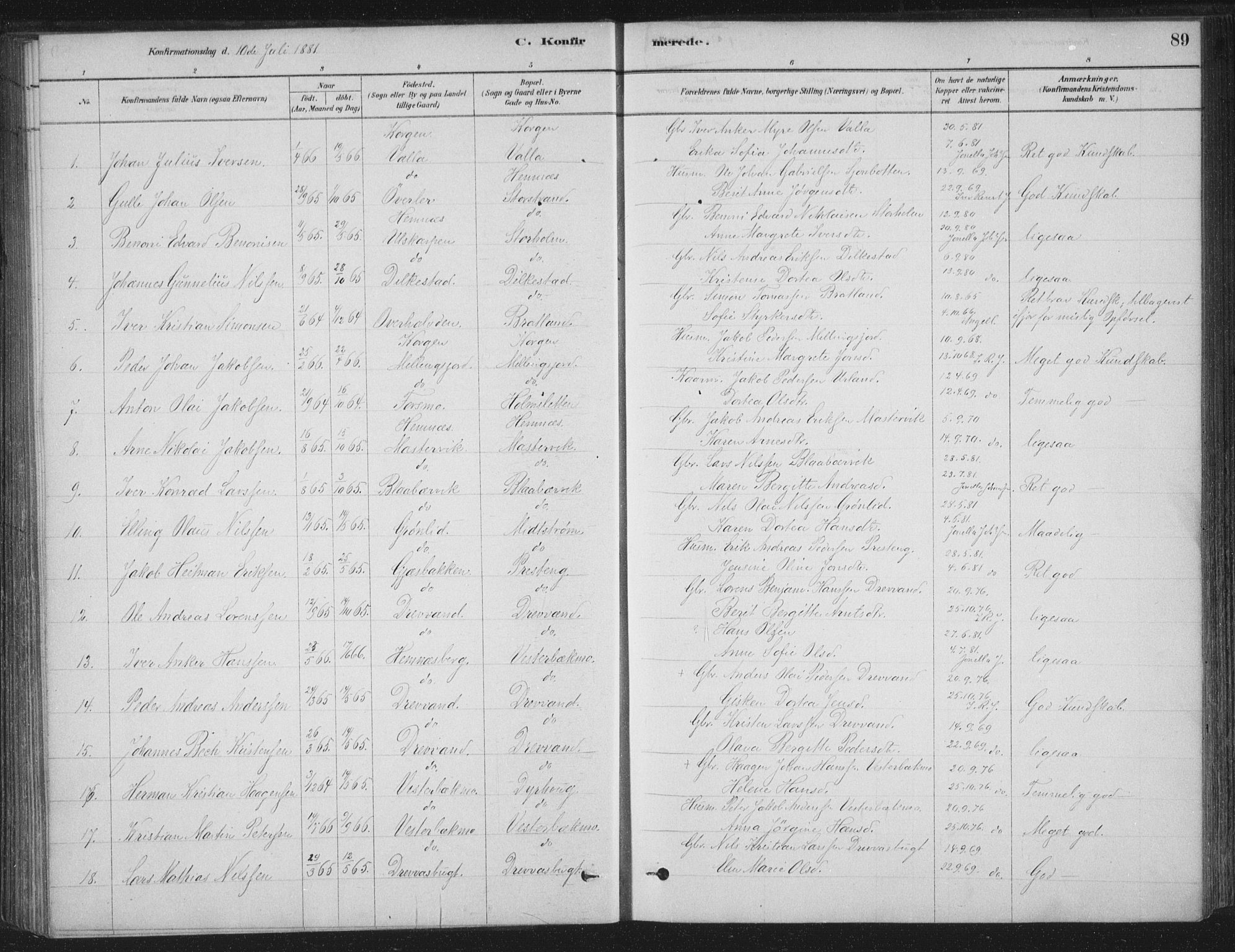 Ministerialprotokoller, klokkerbøker og fødselsregistre - Nordland, AV/SAT-A-1459/825/L0361: Parish register (official) no. 825A15, 1878-1893, p. 89