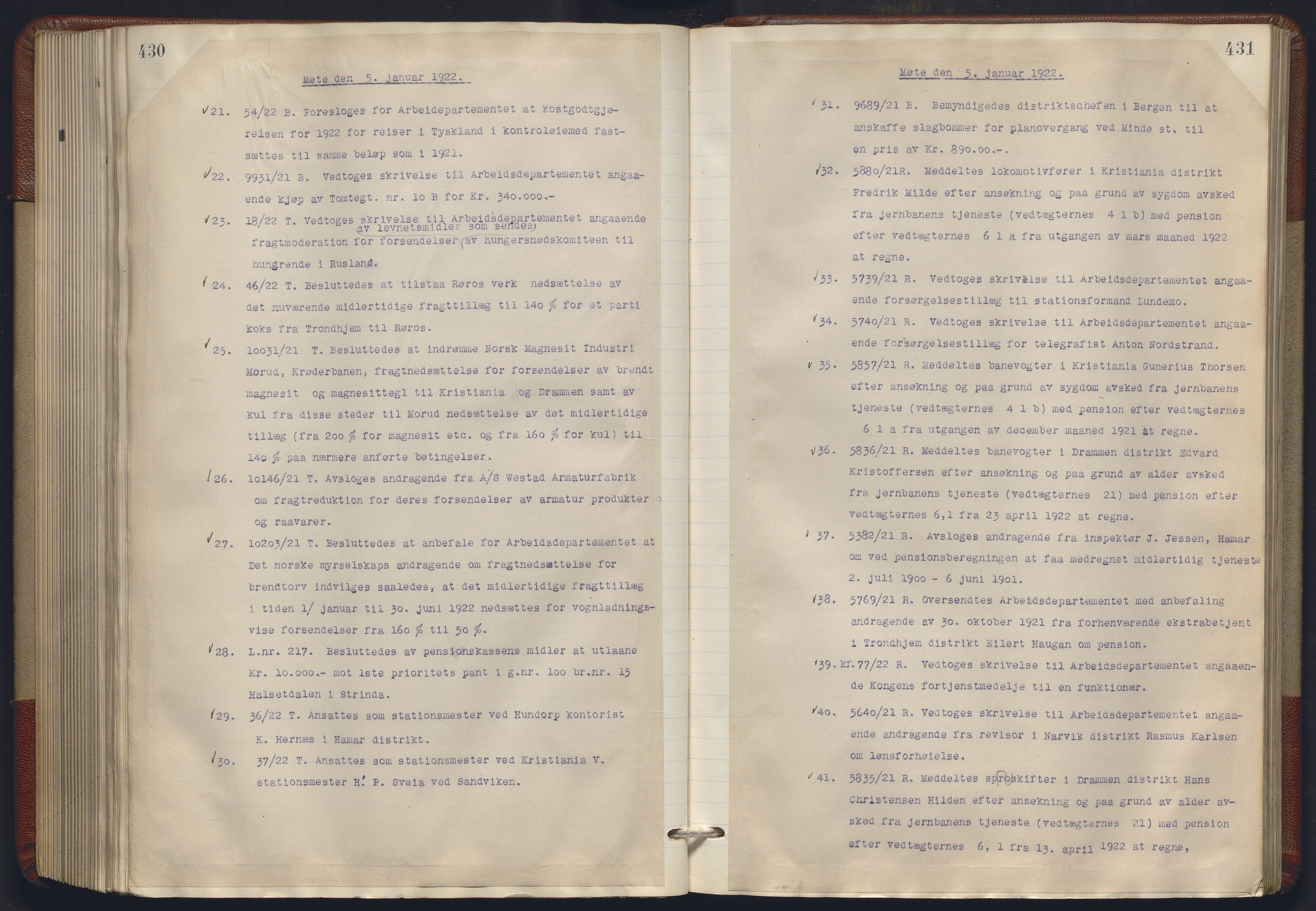 Norges statsbaner, Administrasjons- økonomi- og personalavdelingen, RA/S-3412/A/Aa/L0018: Forhandlingsprotokoll, 1920-1922, p. 430-431