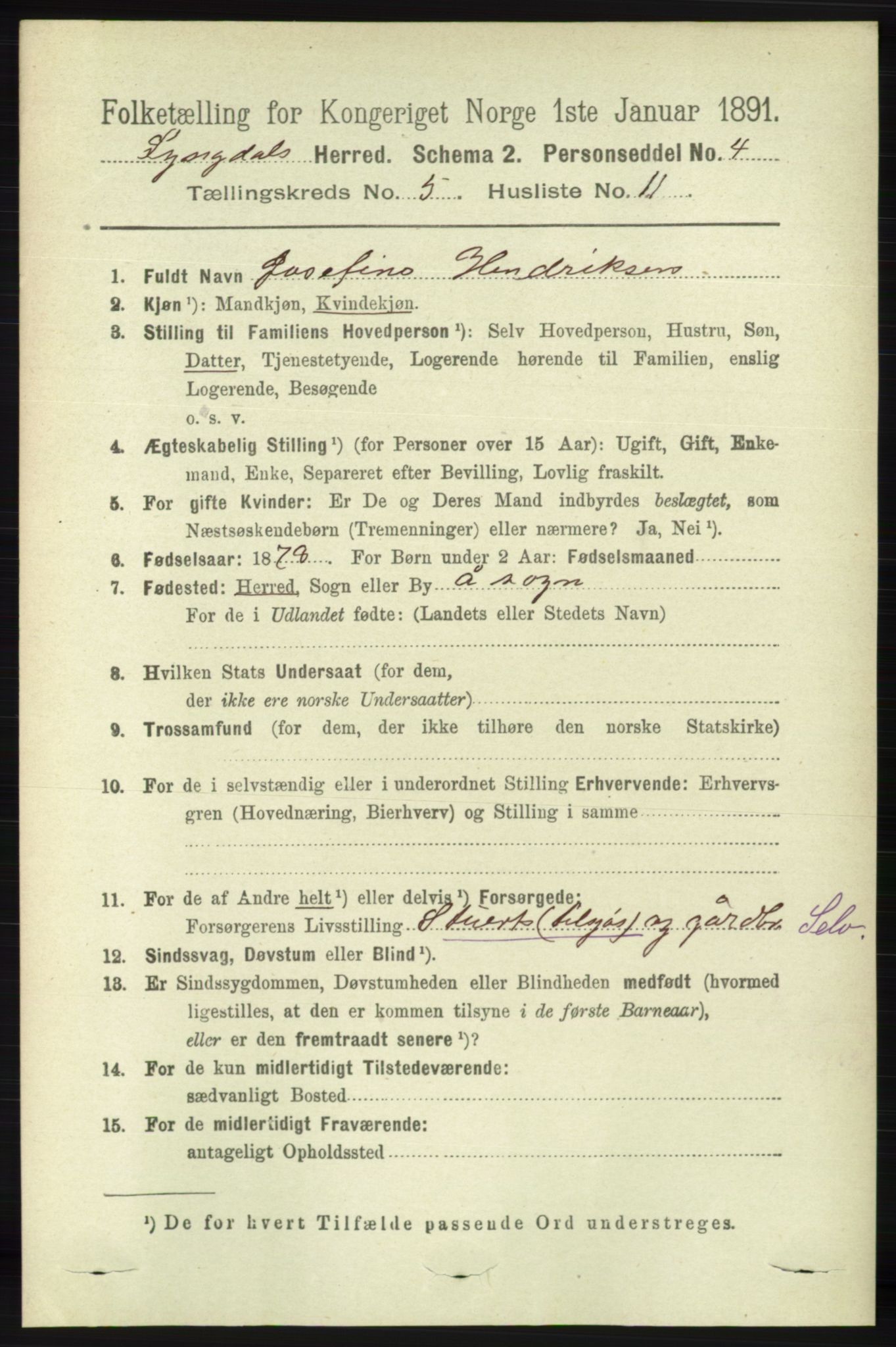 RA, 1891 census for 1032 Lyngdal, 1891, p. 1945