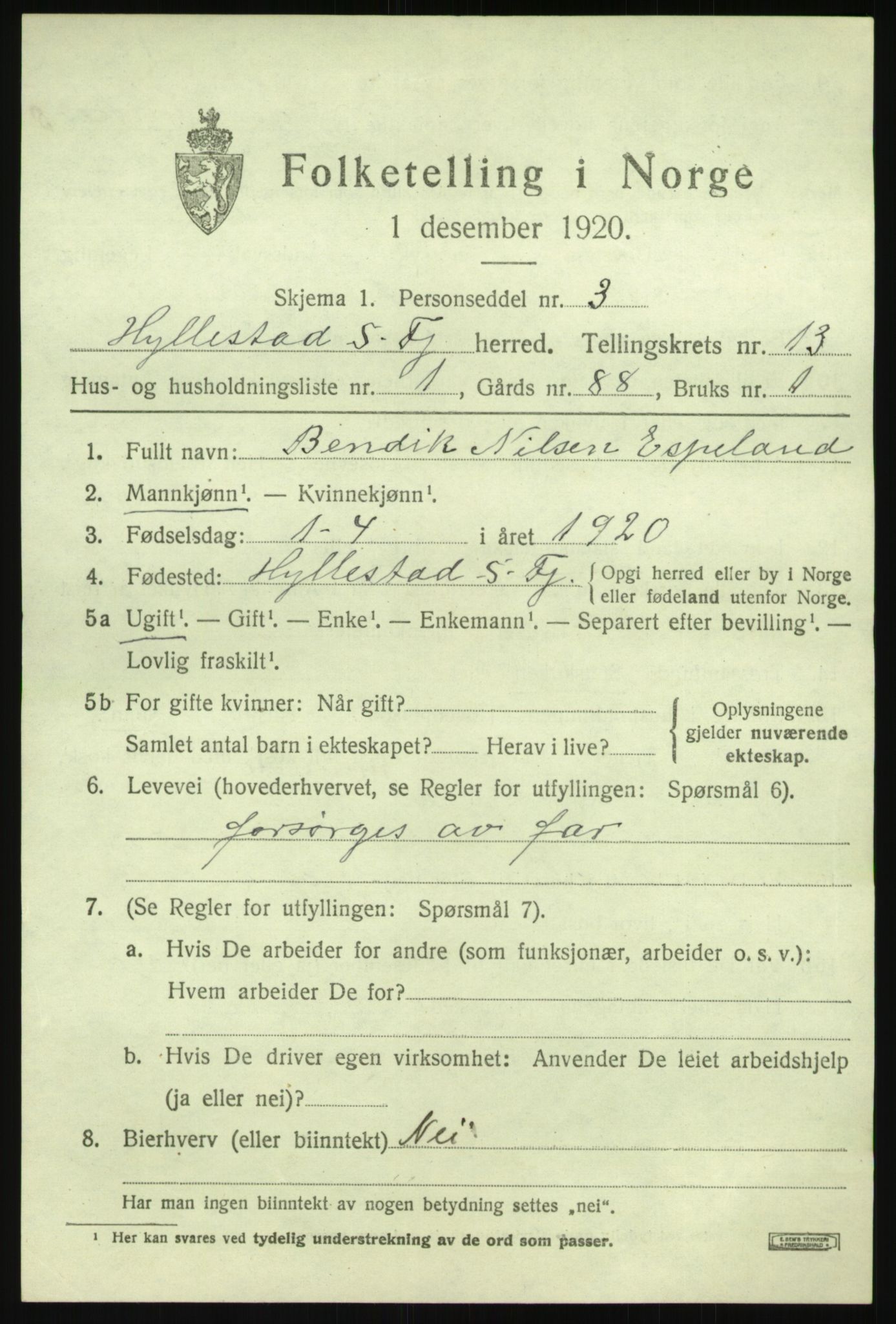 SAB, 1920 census for Hyllestad, 1920, p. 4844