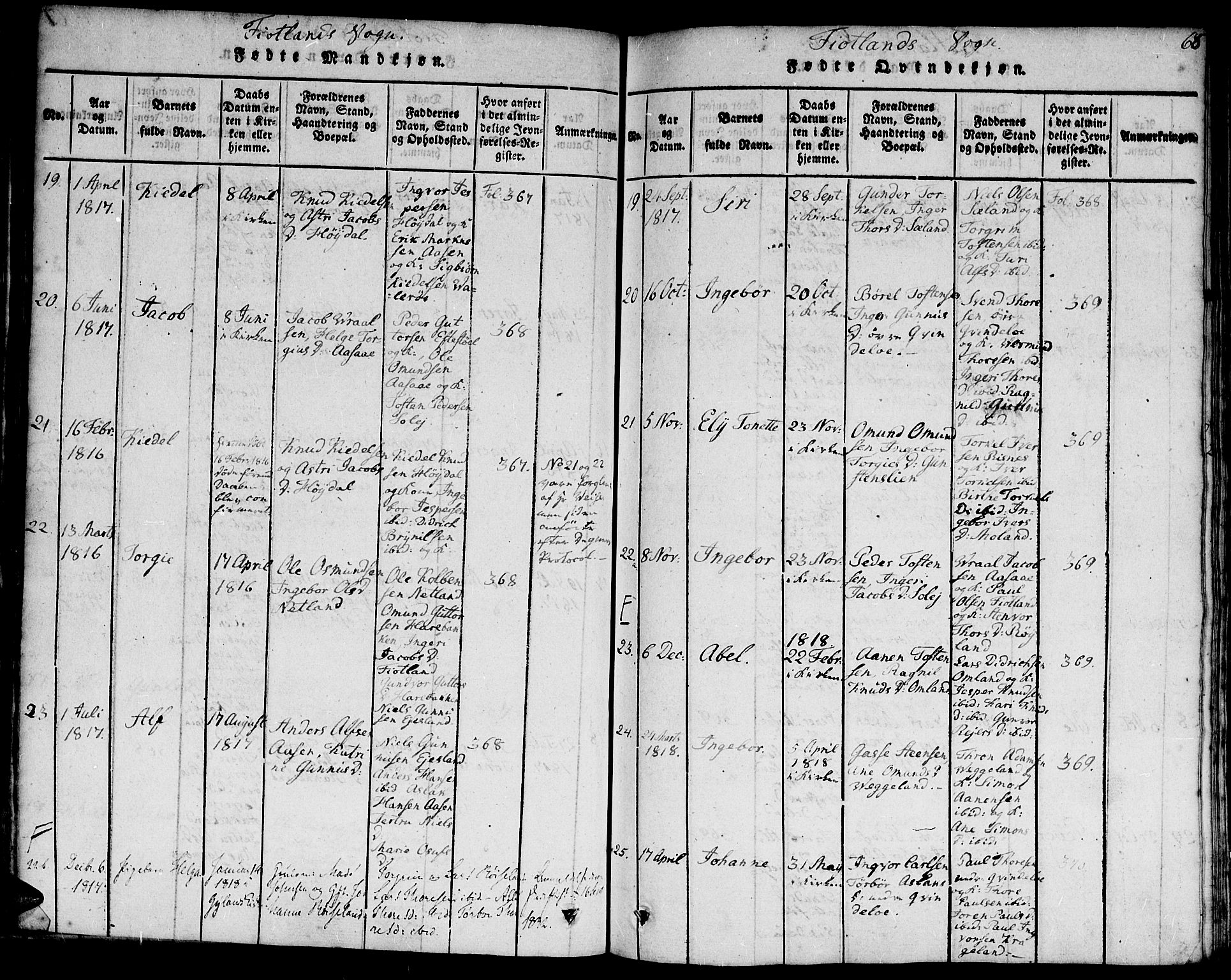 Hægebostad sokneprestkontor, AV/SAK-1111-0024/F/Fa/Faa/L0002: Parish register (official) no. A 2 /3, 1816-1825, p. 68