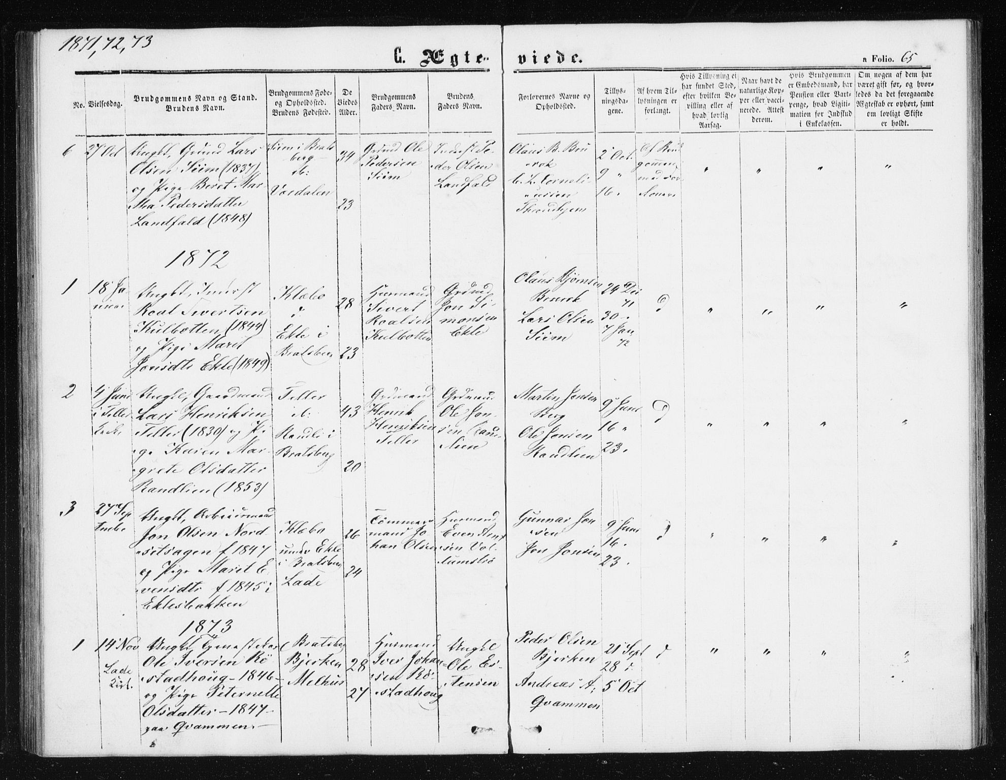 Ministerialprotokoller, klokkerbøker og fødselsregistre - Sør-Trøndelag, SAT/A-1456/608/L0333: Parish register (official) no. 608A02, 1862-1876, p. 65