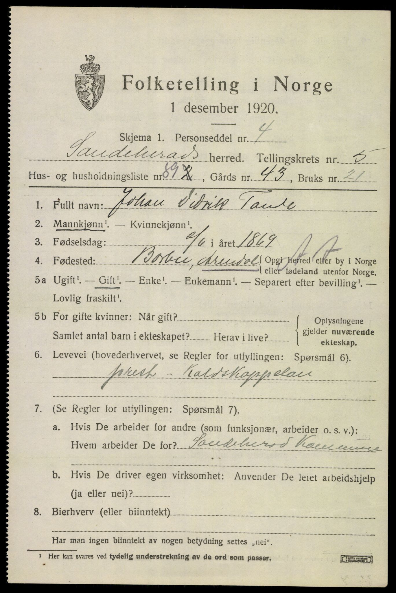 SAKO, 1920 census for Sandeherred, 1920, p. 9252