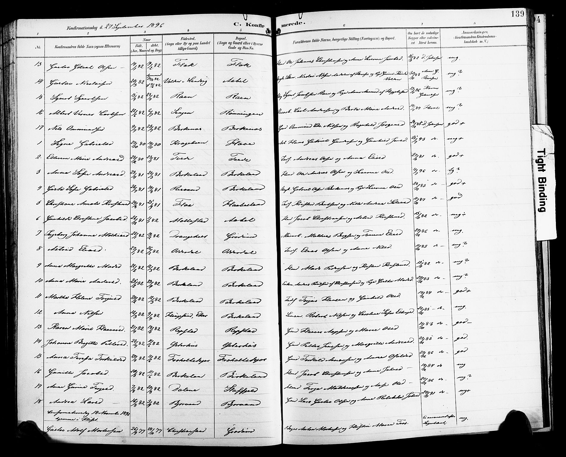 Birkenes sokneprestkontor, SAK/1111-0004/F/Fb/L0004: Parish register (copy) no. B 4, 1893-1930, p. 139
