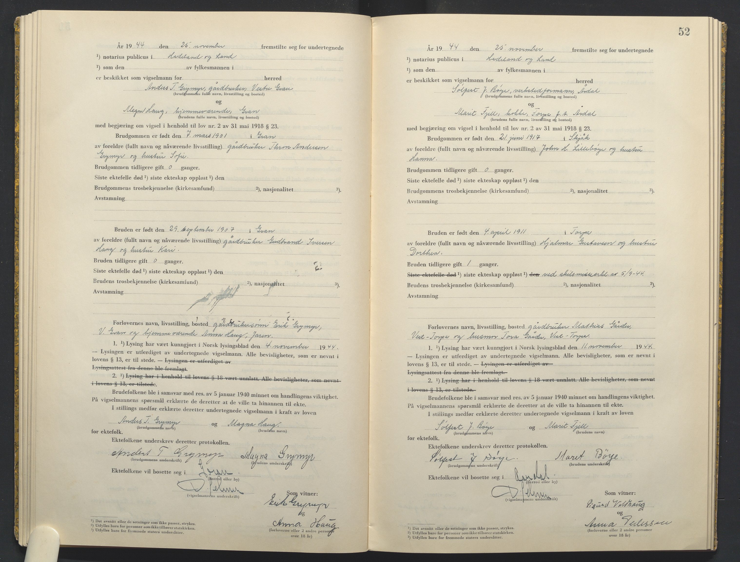 Hadeland og Land tingrett, AV/SAH-TING-010/L/Lb/L0003: Vigselbok, 1944-1946, p. 52