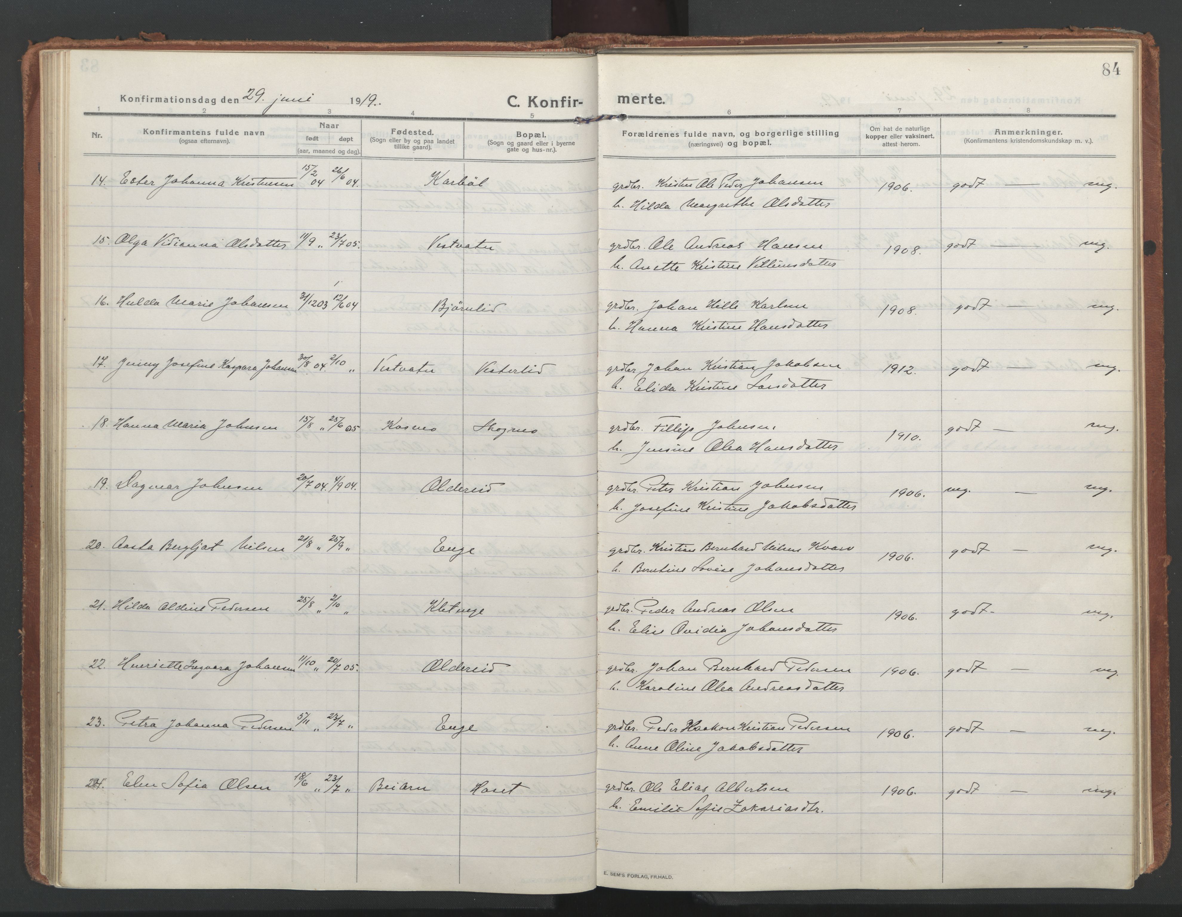 Ministerialprotokoller, klokkerbøker og fødselsregistre - Nordland, AV/SAT-A-1459/852/L0748: Parish register (official) no. 852A18, 1913-1932, p. 84