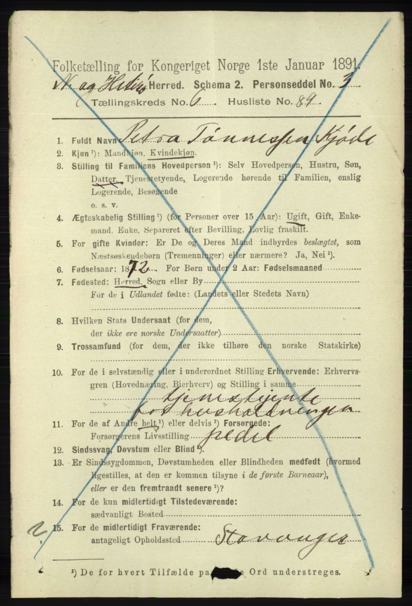 RA, 1891 census for 1043 Hidra og Nes, 1891, p. 2709