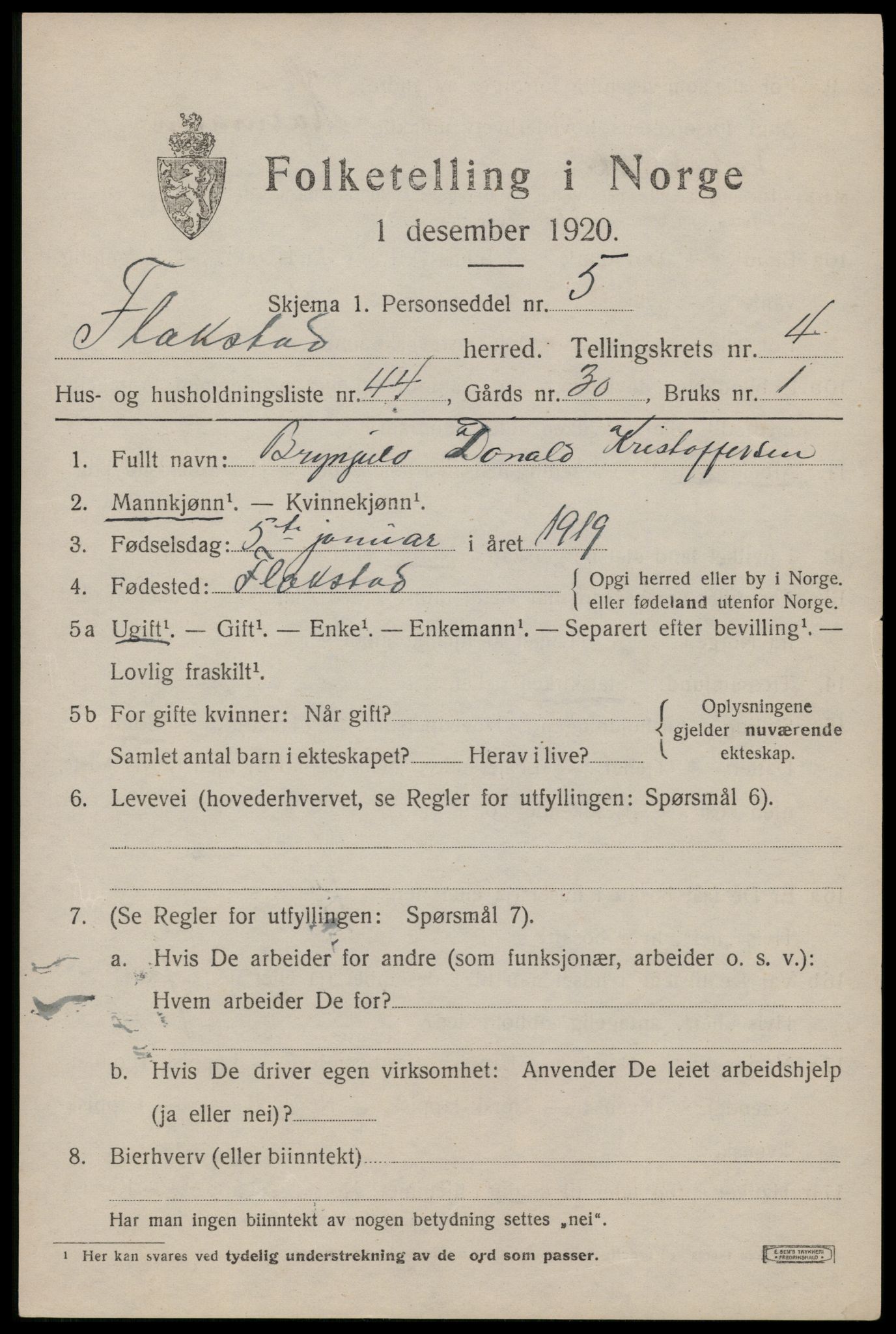SAT, 1920 census for Flakstad, 1920, p. 3425