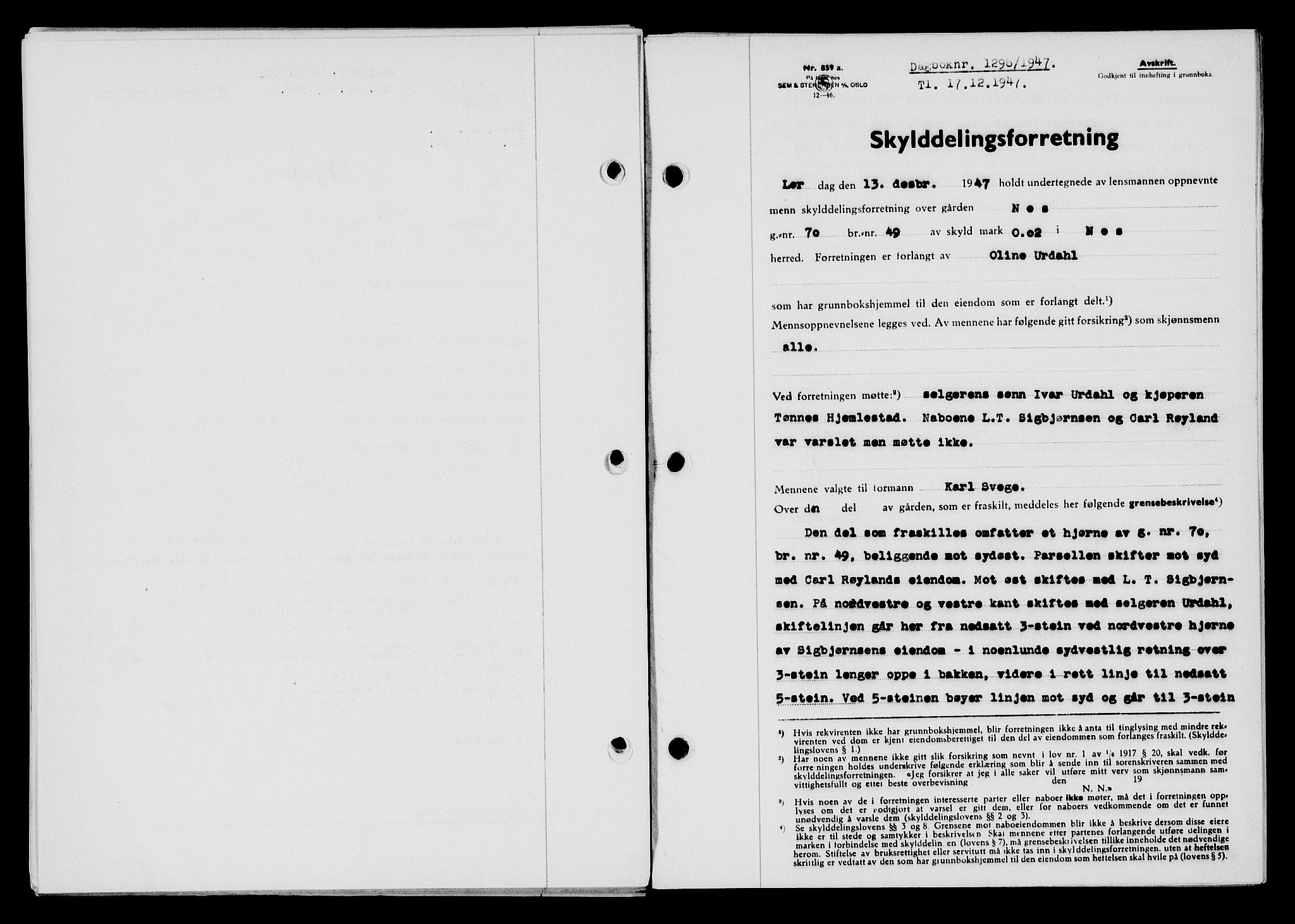 Flekkefjord sorenskriveri, SAK/1221-0001/G/Gb/Gba/L0063: Mortgage book no. A-11, 1947-1948, Diary no: : 1296/1947