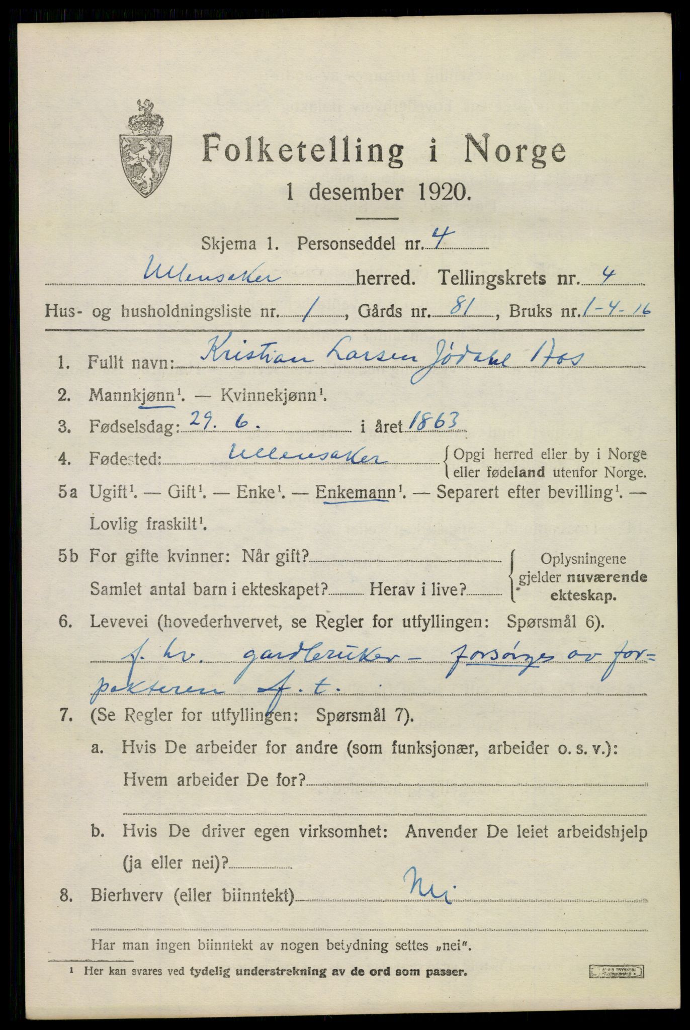 SAO, 1920 census for Ullensaker, 1920, p. 7247