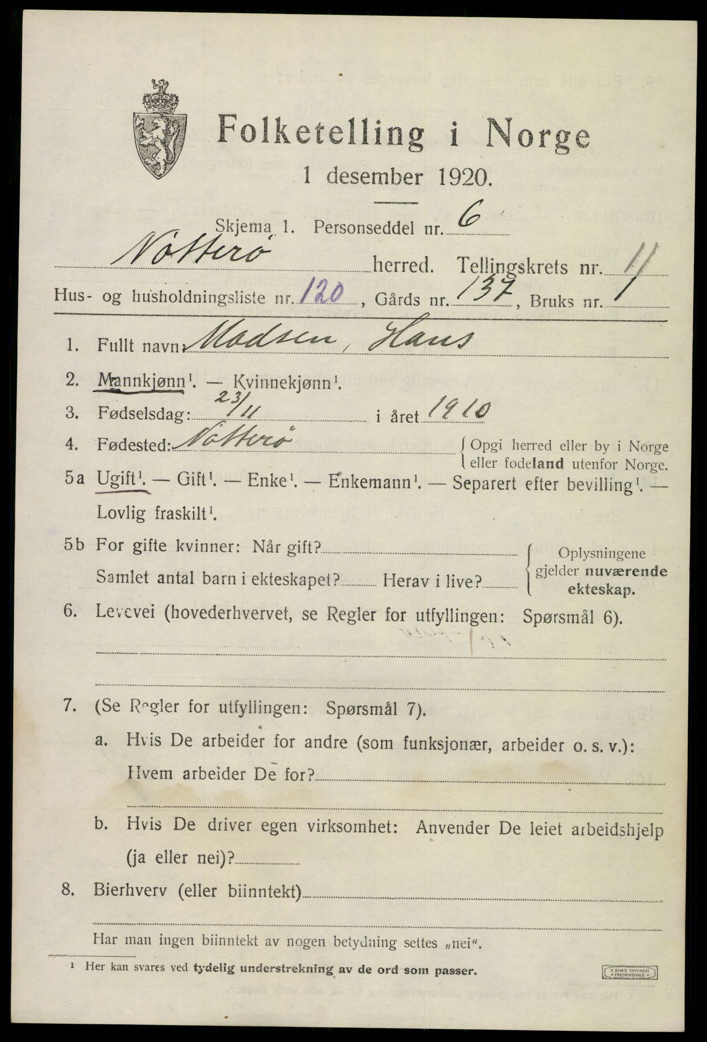 SAKO, 1920 census for Nøtterøy, 1920, p. 14657