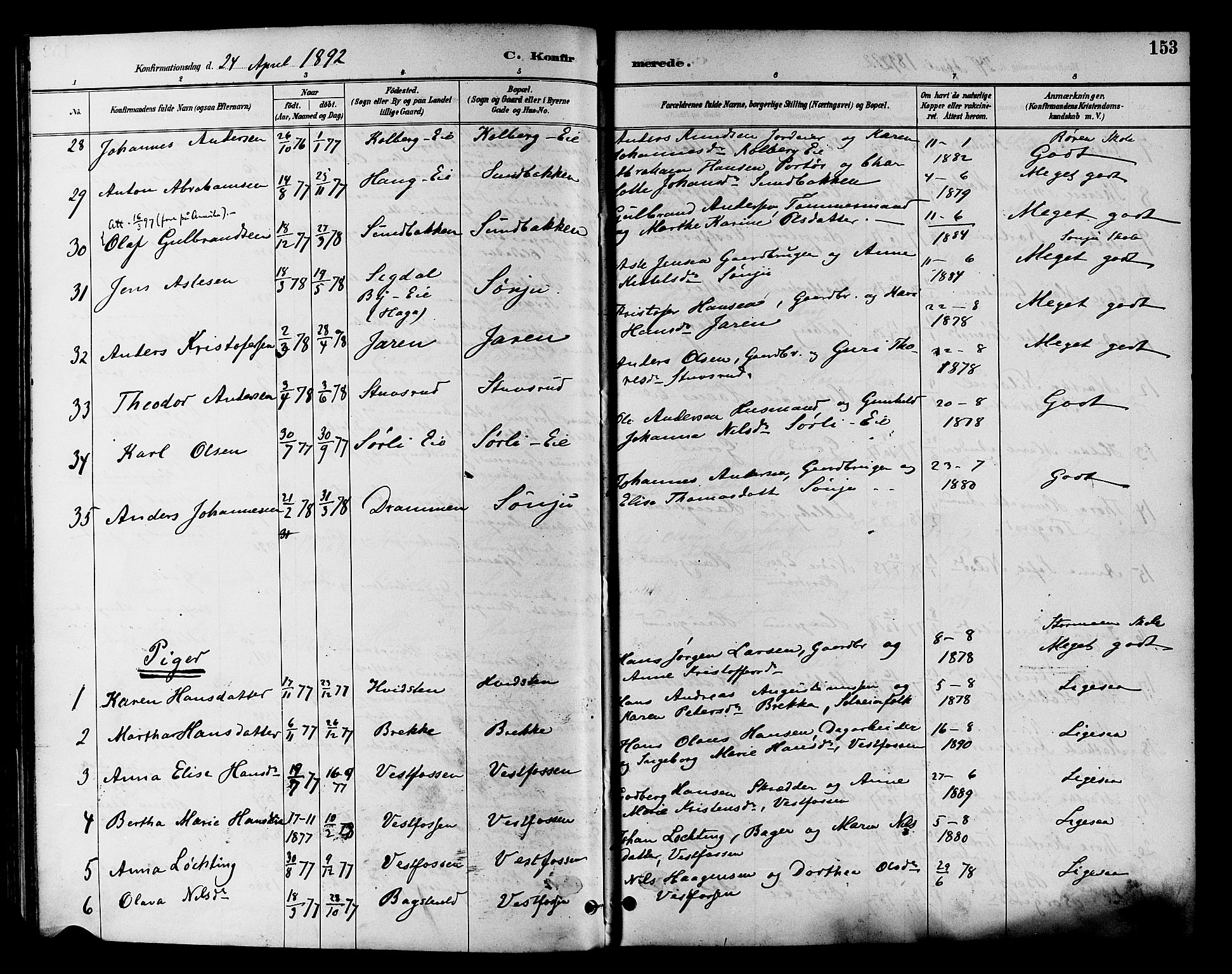 Eiker kirkebøker, AV/SAKO-A-4/F/Fb/L0002: Parish register (official) no. II 2, 1889-1896, p. 153