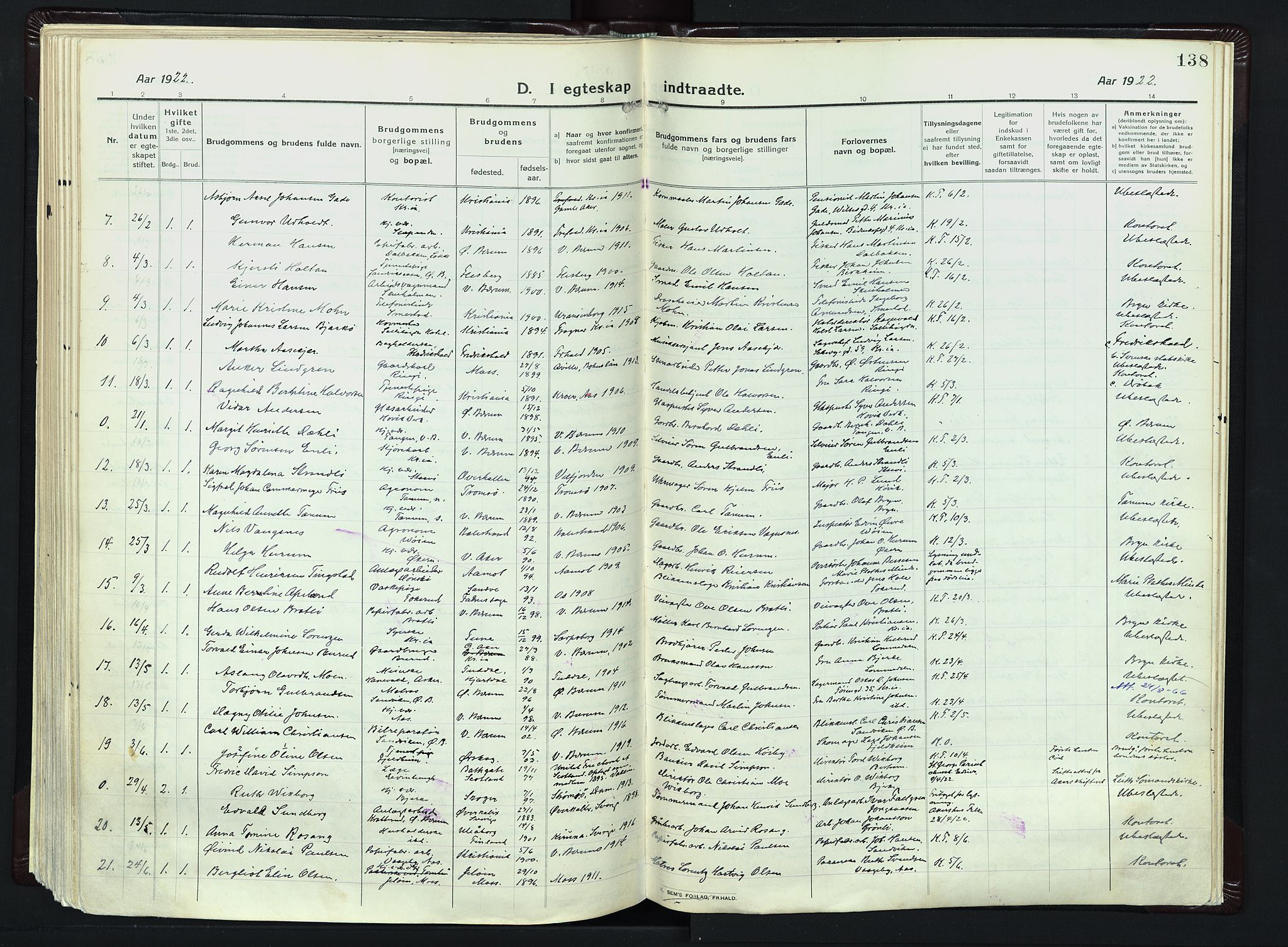 Vestre Bærum prestekontor Kirkebøker, SAO/A-10209a/F/Fa/L0003: Parish register (official) no. 3, 1916-1930, p. 138