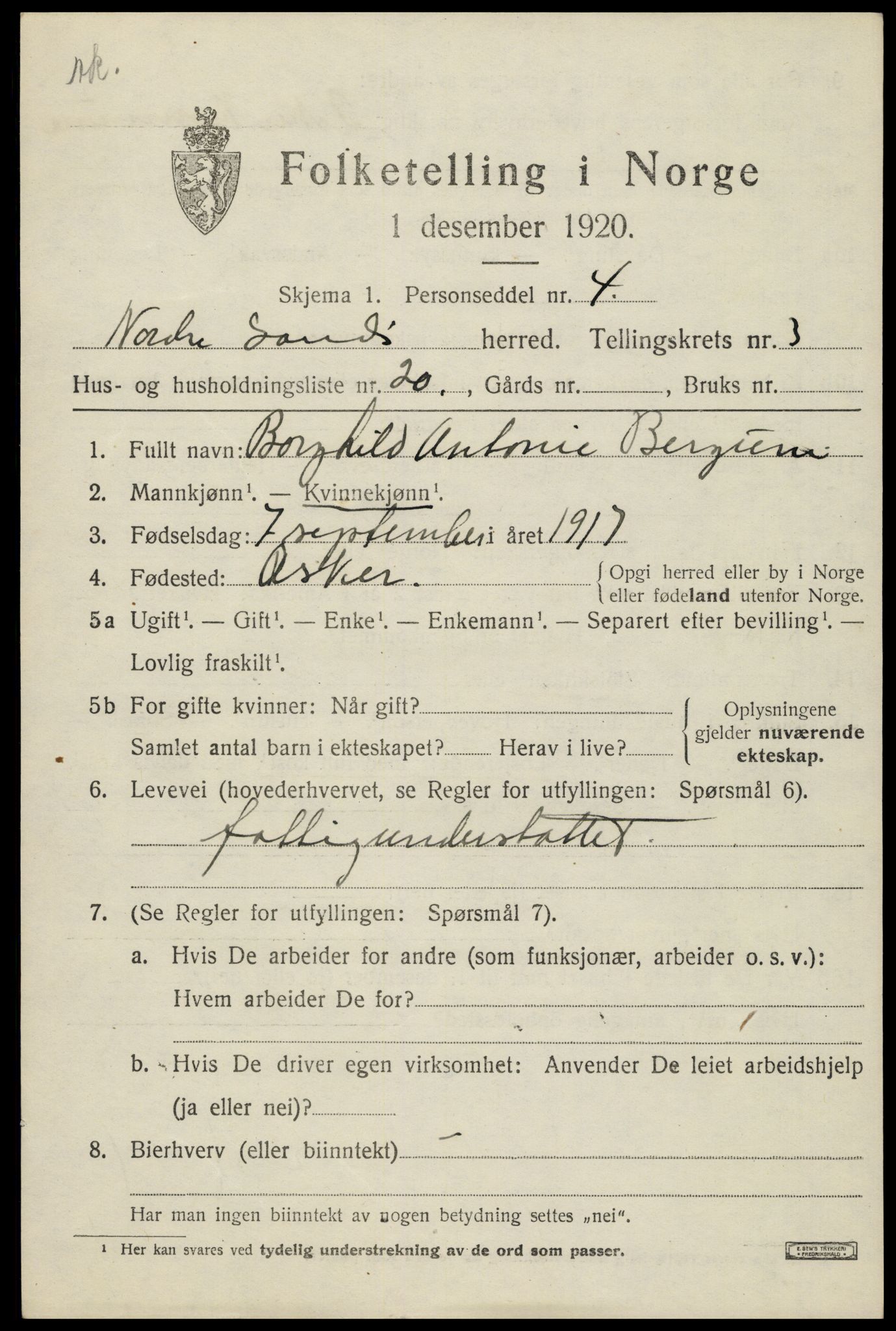 SAH, 1920 census for Nordre Land, 1920, p. 2453