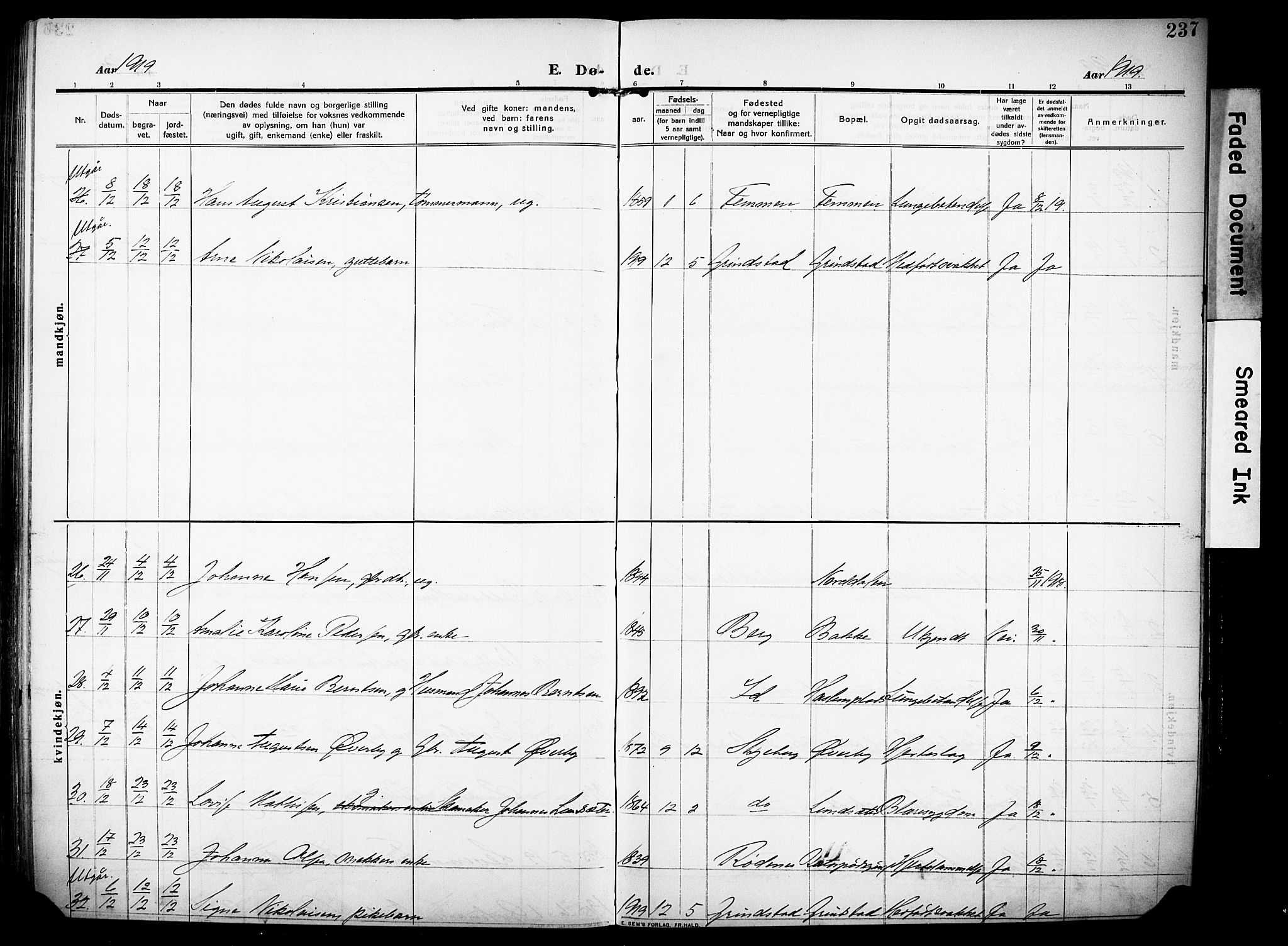 Rakkestad prestekontor Kirkebøker, AV/SAO-A-2008/F/Fa/L0015: Parish register (official) no. I 15, 1909-1922, p. 237