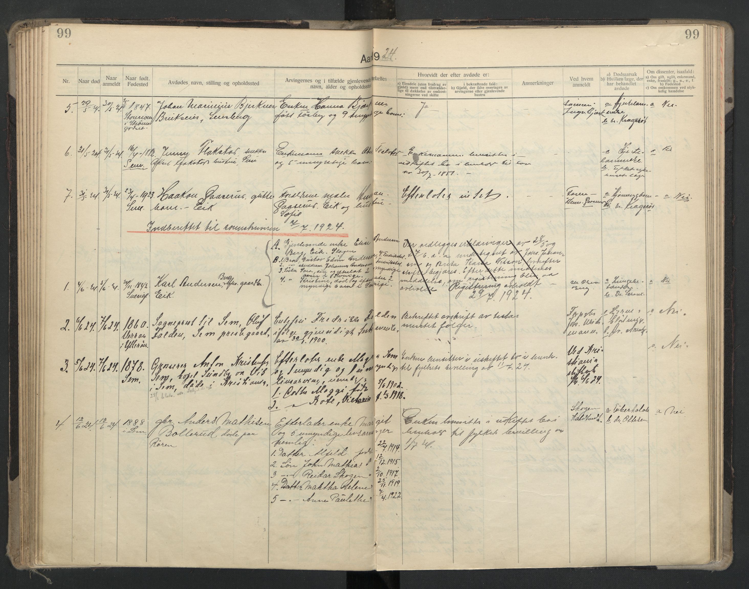 Sem lensmannskontor, AV/SAKO-A-547/H/Ha/L0006: Dødsfallsprotokoll, 1916-1930, p. 99