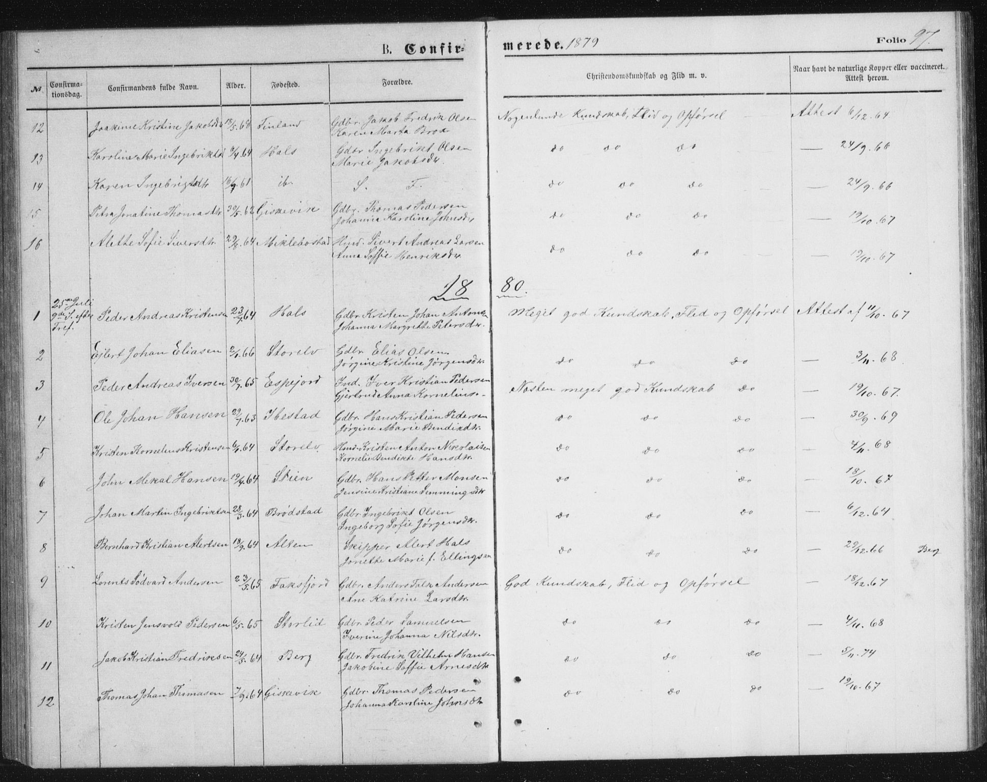 Tranøy sokneprestkontor, AV/SATØ-S-1313/I/Ia/Iab/L0013klokker: Parish register (copy) no. 13, 1874-1896, p. 97