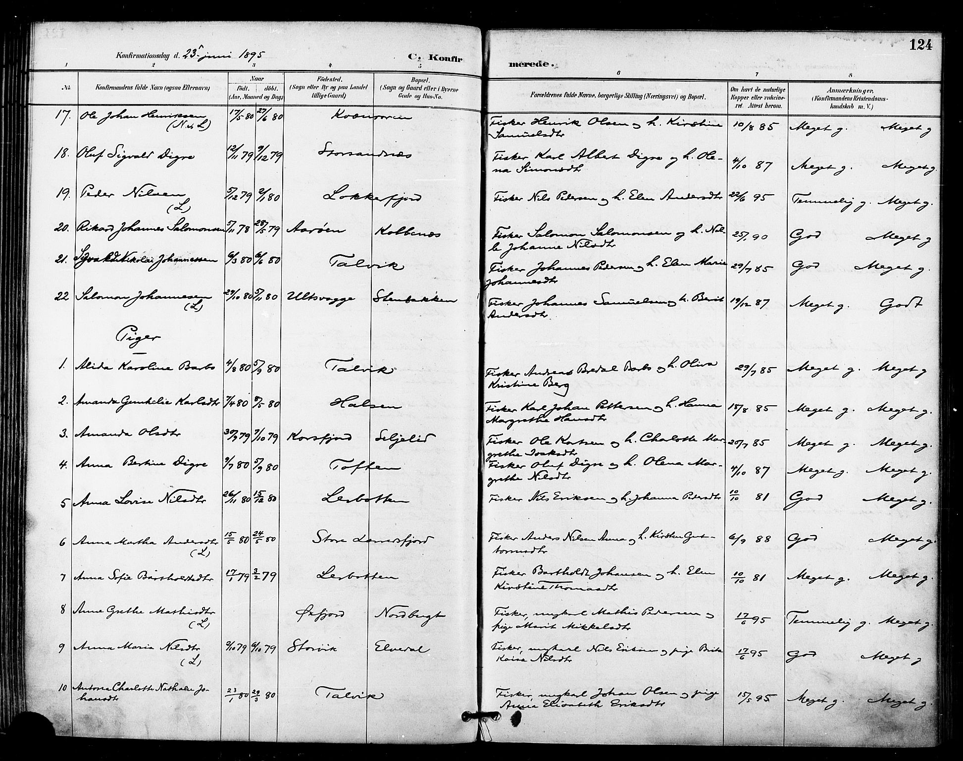 Talvik sokneprestkontor, AV/SATØ-S-1337/H/Ha/L0013kirke: Parish register (official) no. 13, 1886-1897, p. 124