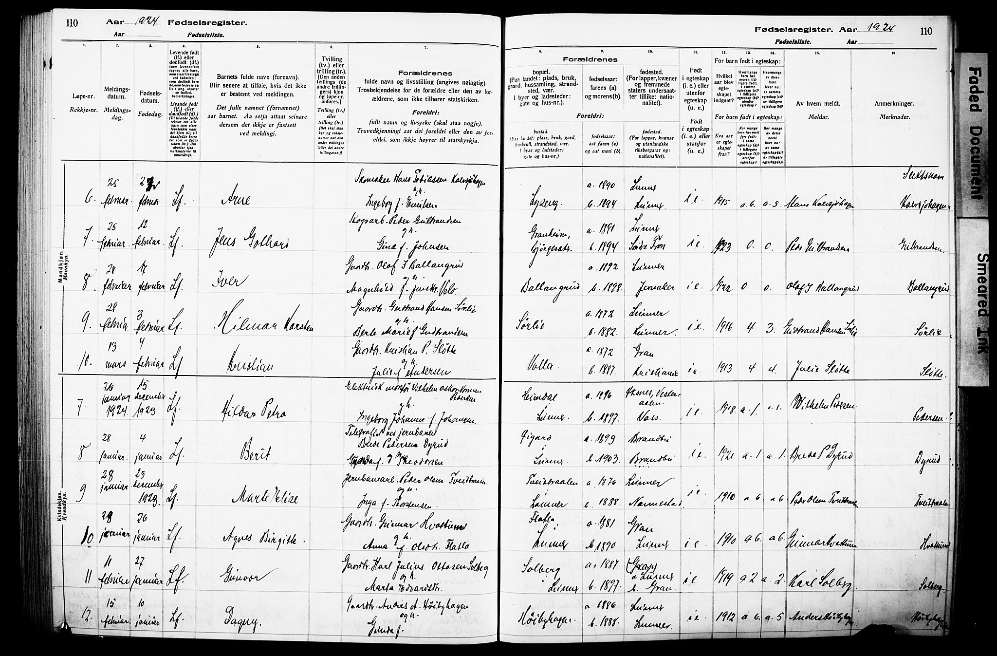 Lunner prestekontor, SAH/PREST-118/I/Id/L0001: Birth register no. 1, 1916-1932, p. 110