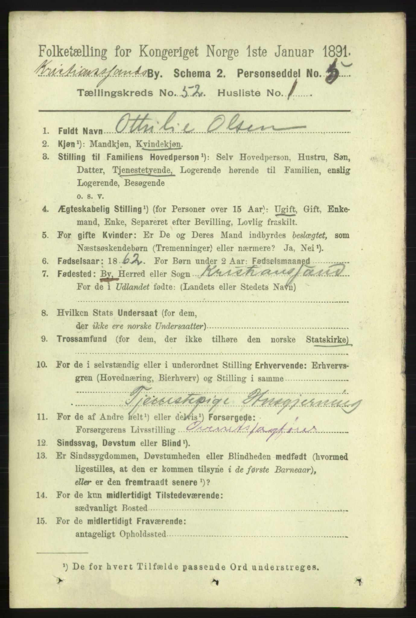 RA, 1891 census for 1001 Kristiansand, 1891, p. 15145