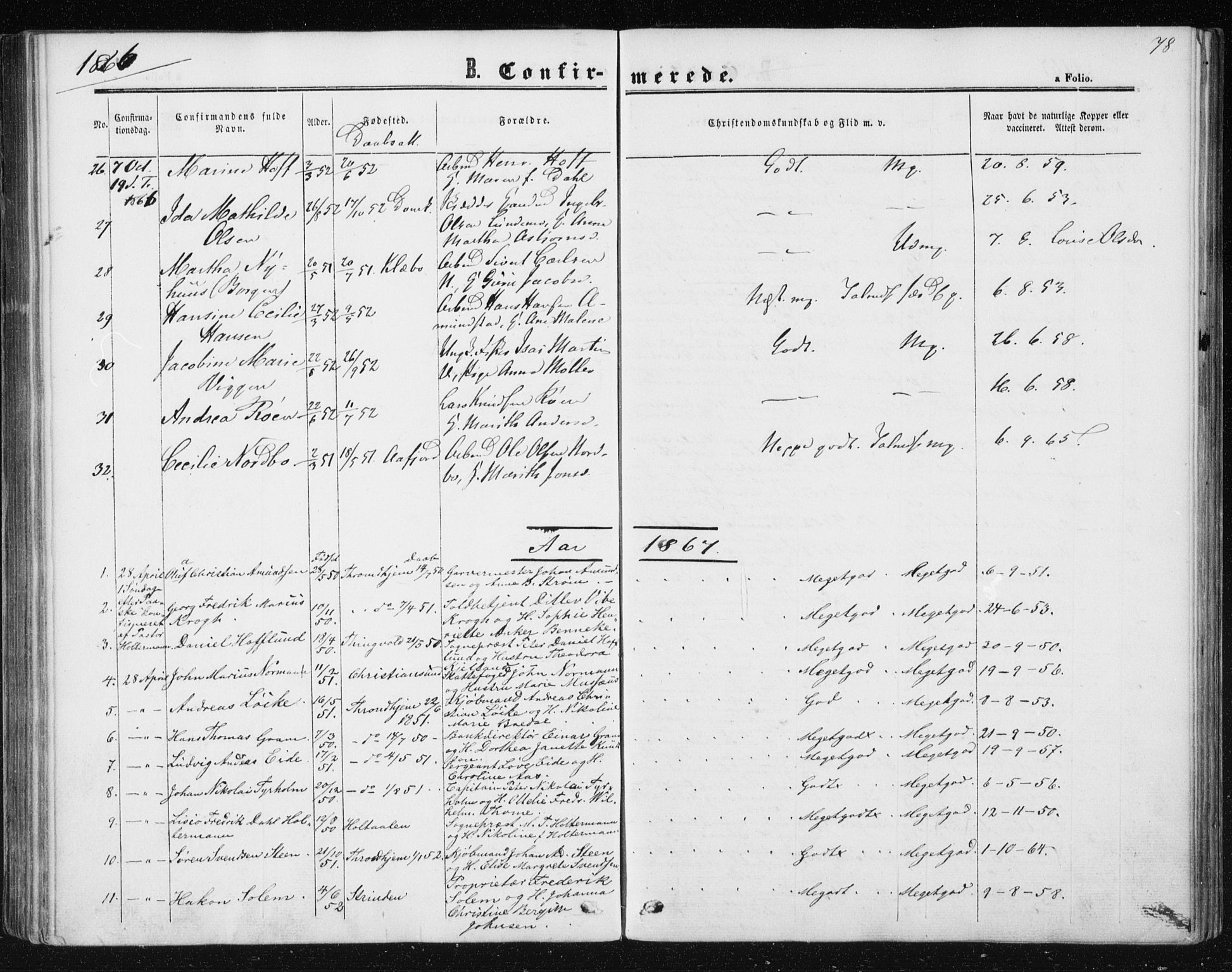 Ministerialprotokoller, klokkerbøker og fødselsregistre - Sør-Trøndelag, SAT/A-1456/602/L0114: Parish register (official) no. 602A12, 1856-1872, p. 78