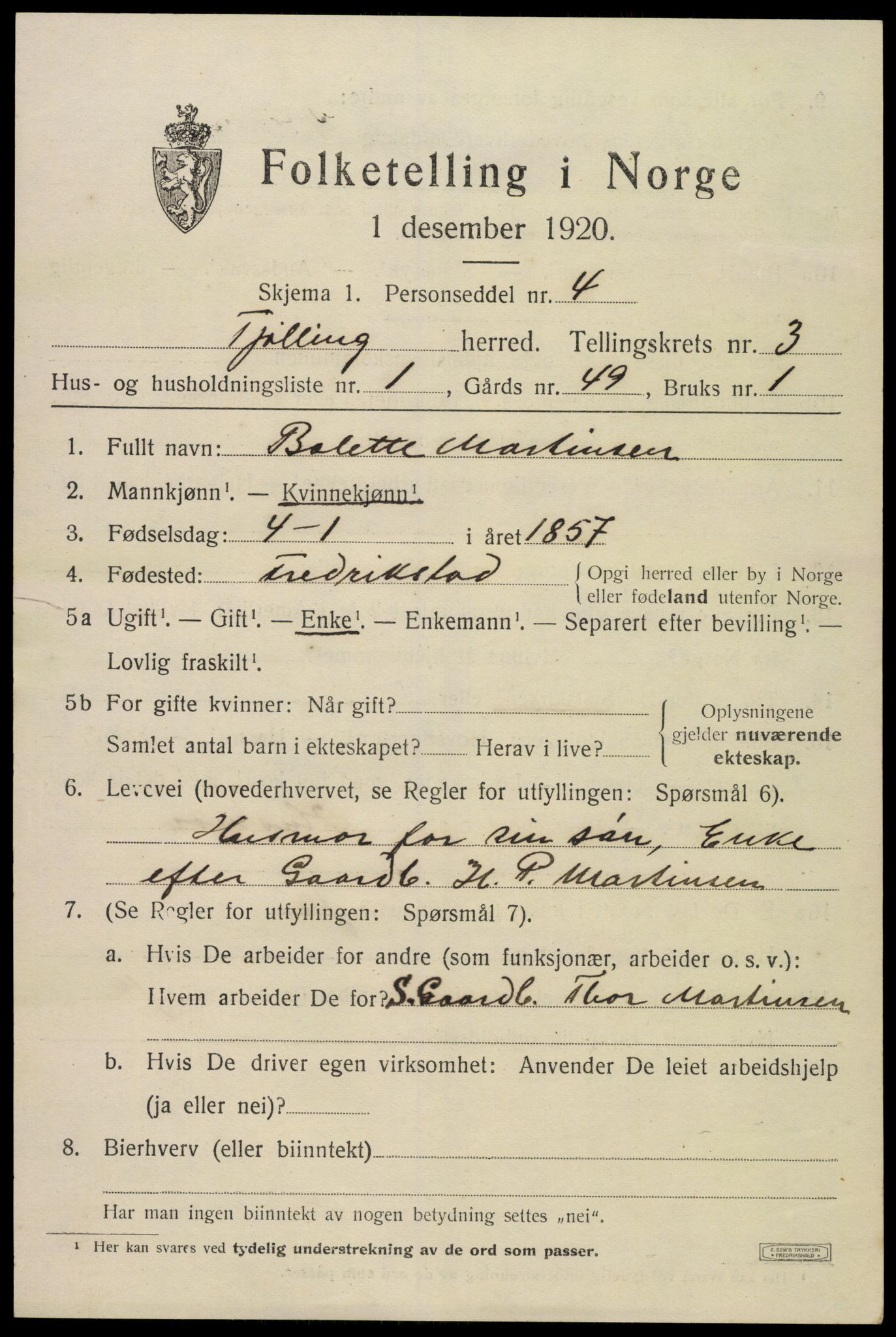 SAKO, 1920 census for Tjølling, 1920, p. 6933