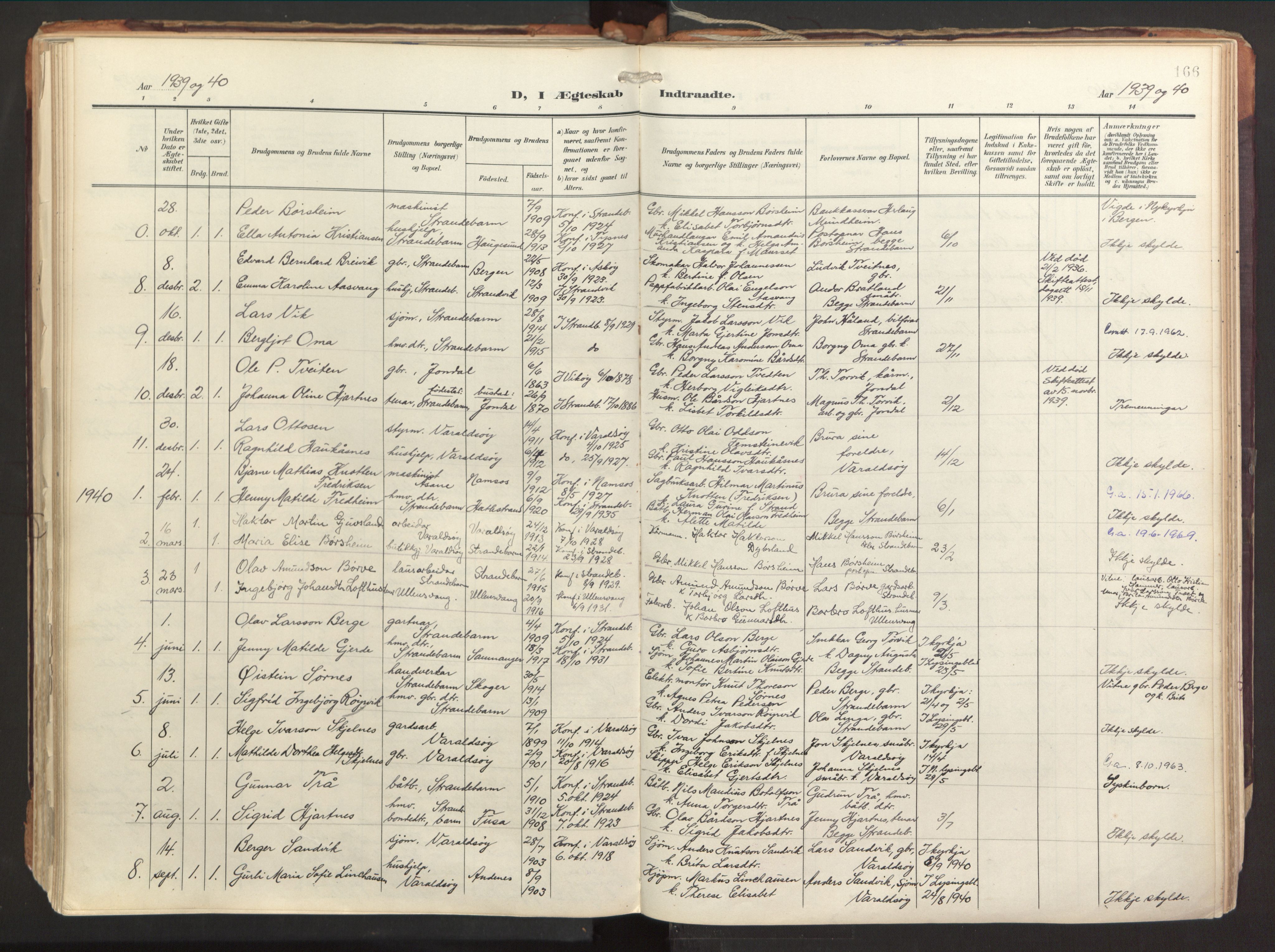 Strandebarm sokneprestembete, SAB/A-78401/H/Haa: Parish register (official) no. B 2, 1909-1941, p. 166