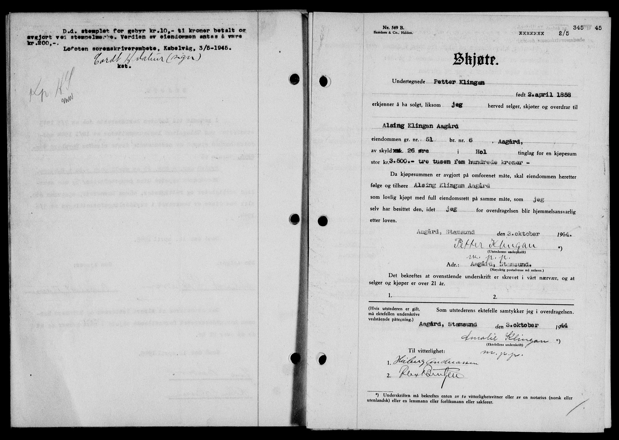 Lofoten sorenskriveri, SAT/A-0017/1/2/2C/L0013a: Mortgage book no. 13a, 1944-1946, Diary no: : 345/1945