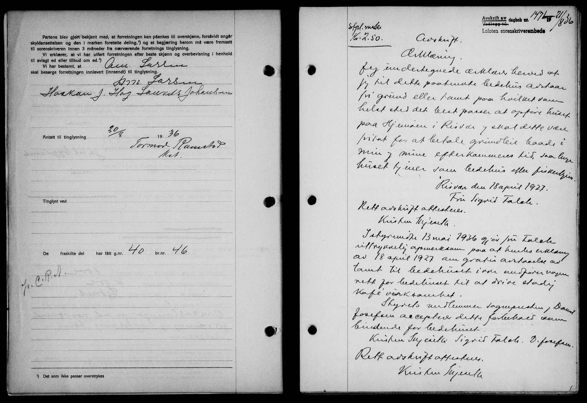 Lofoten sorenskriveri, SAT/A-0017/1/2/2C/L0001a: Mortgage book no. 1a, 1936-1937, Diary no: : 1471/1936
