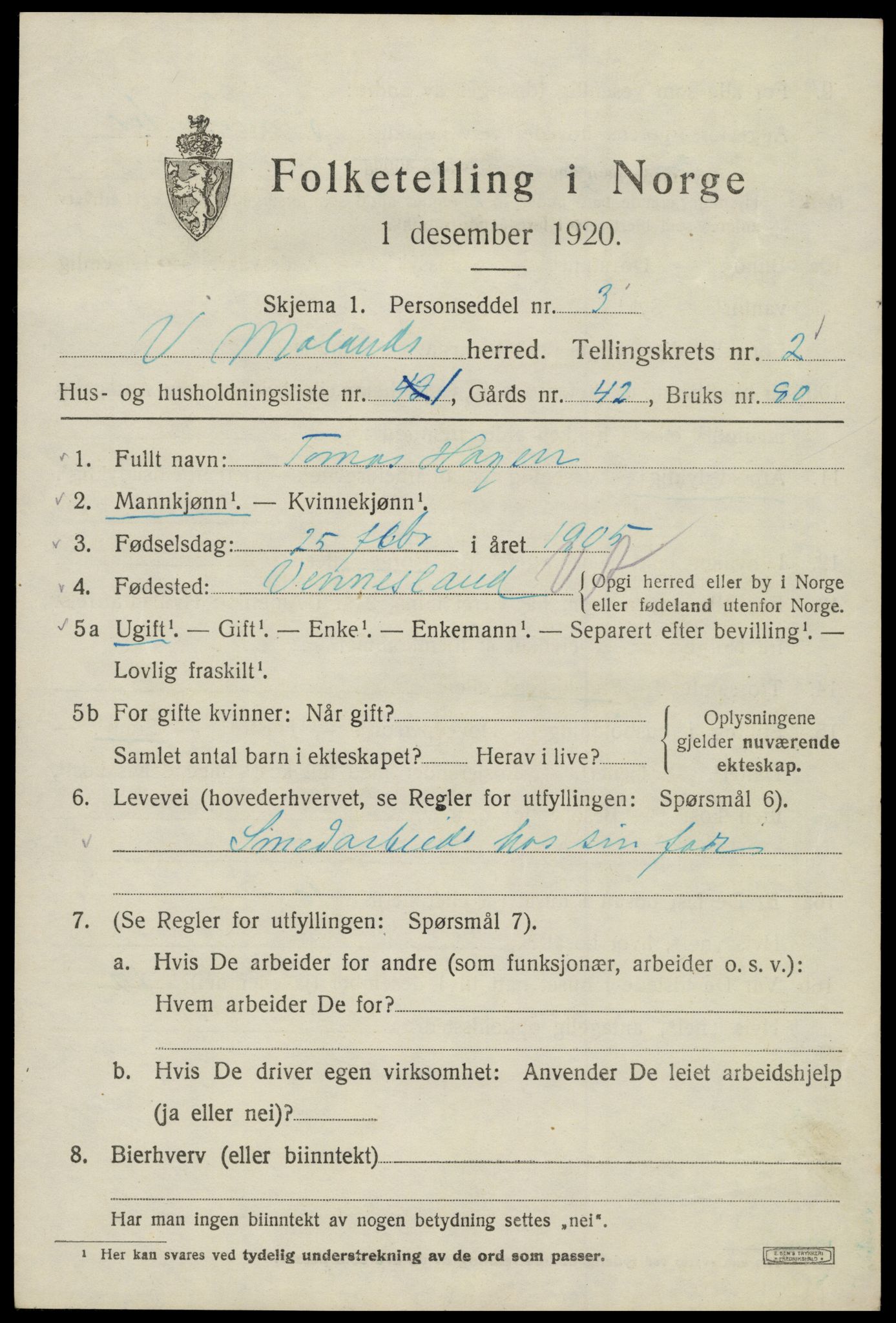 SAK, 1920 census for Vestre Moland, 1920, p. 2263