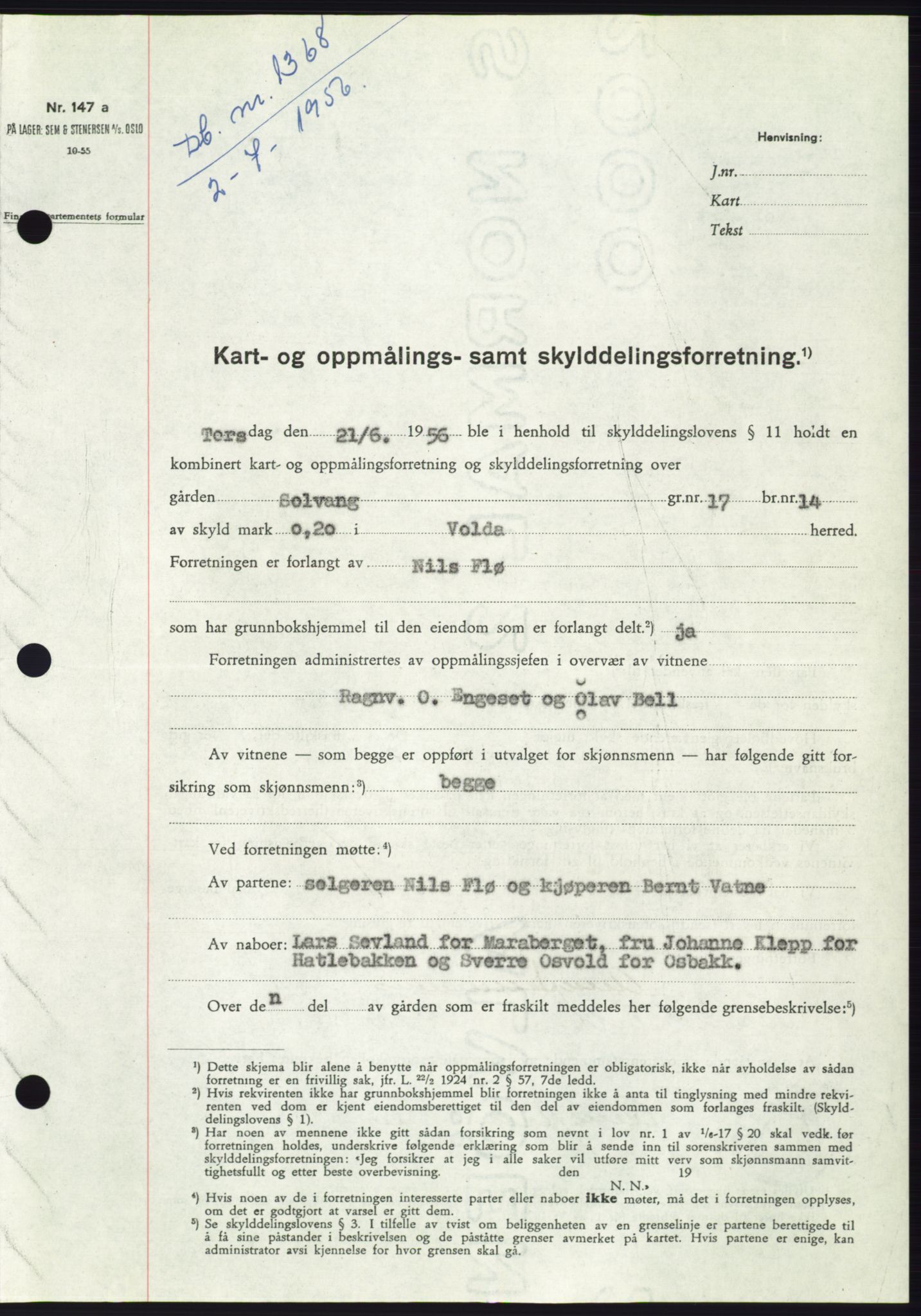 Søre Sunnmøre sorenskriveri, AV/SAT-A-4122/1/2/2C/L0104: Mortgage book no. 30A, 1956-1956, Diary no: : 1368/1956