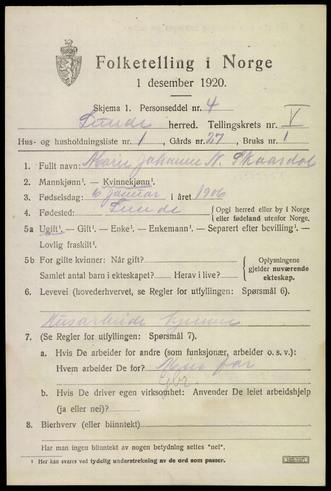 SAKO, 1920 census for Lunde, 1920, p. 3409