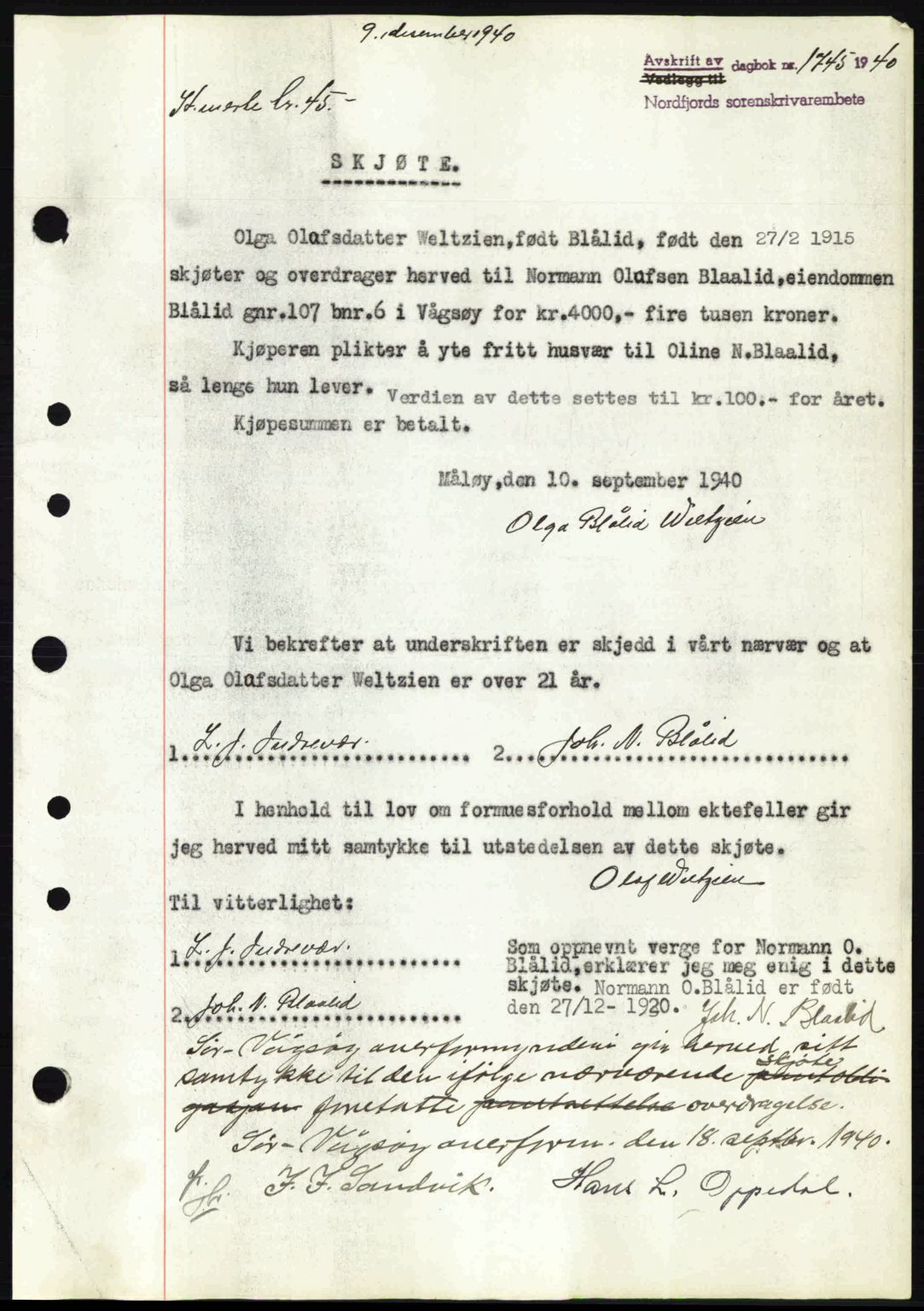 Nordfjord sorenskriveri, AV/SAB-A-2801/02/02b/02bj/L0006: Mortgage book no. A6, 1940-1941, Diary no: : 1745/1940