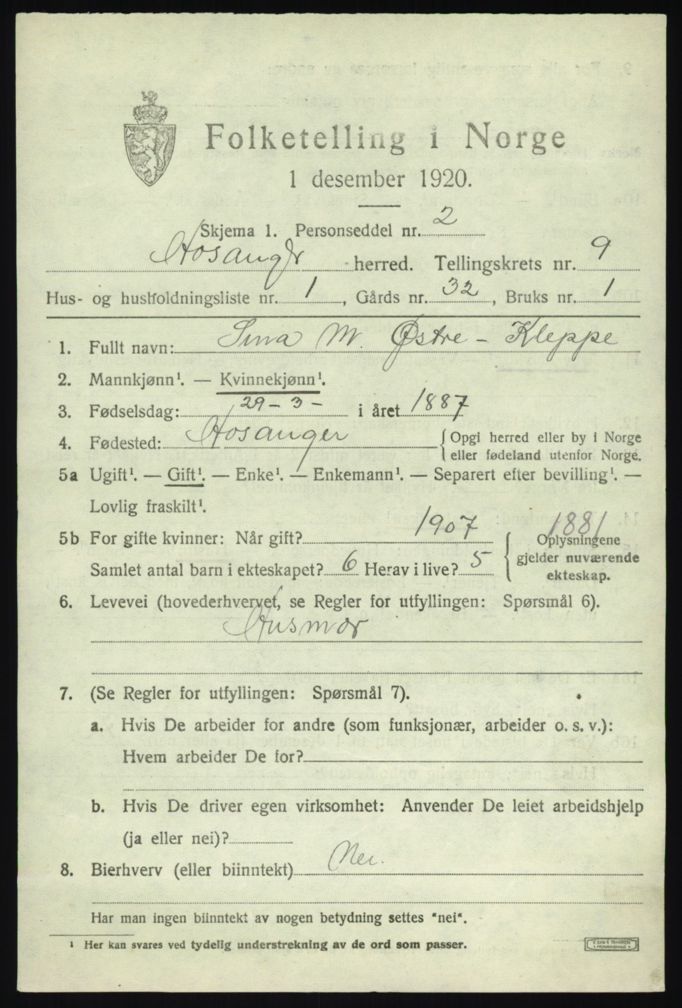 SAB, 1920 census for Hosanger, 1920, p. 3857