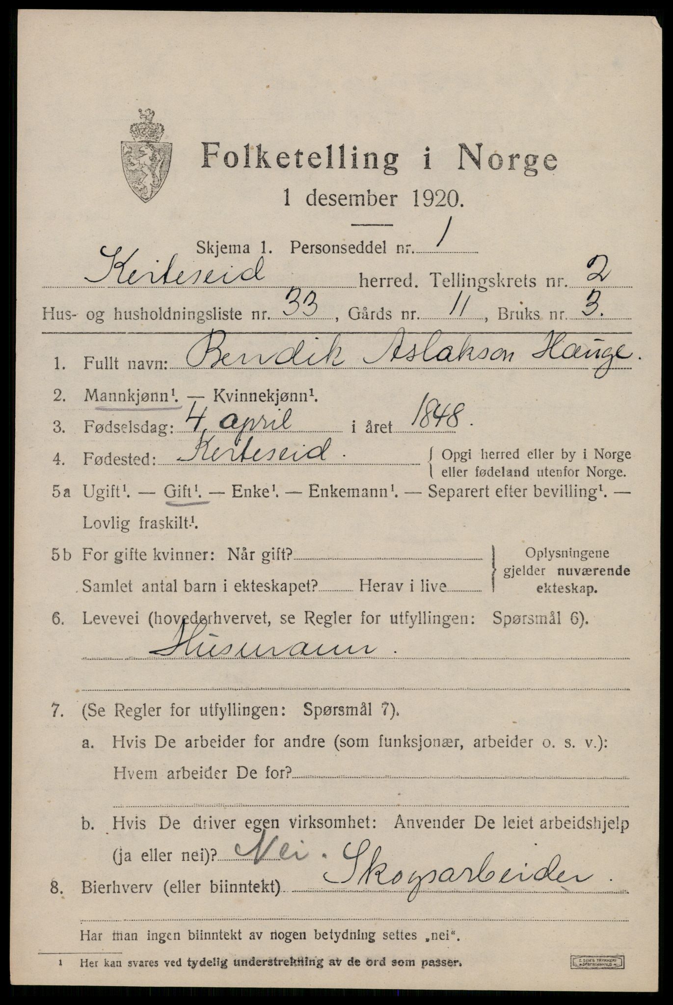 SAKO, 1920 census for Kviteseid, 1920, p. 2381