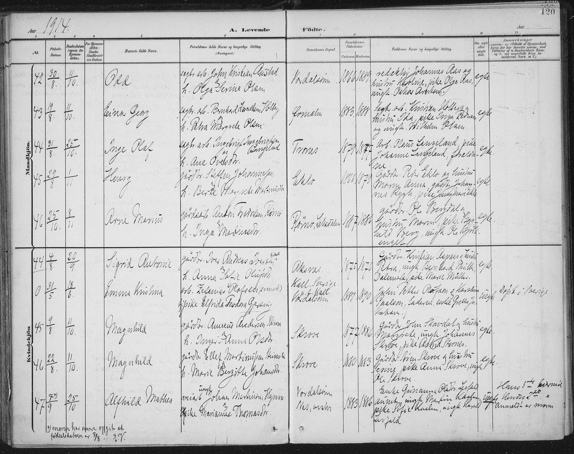 Ministerialprotokoller, klokkerbøker og fødselsregistre - Nord-Trøndelag, AV/SAT-A-1458/723/L0246: Parish register (official) no. 723A15, 1900-1917, p. 120