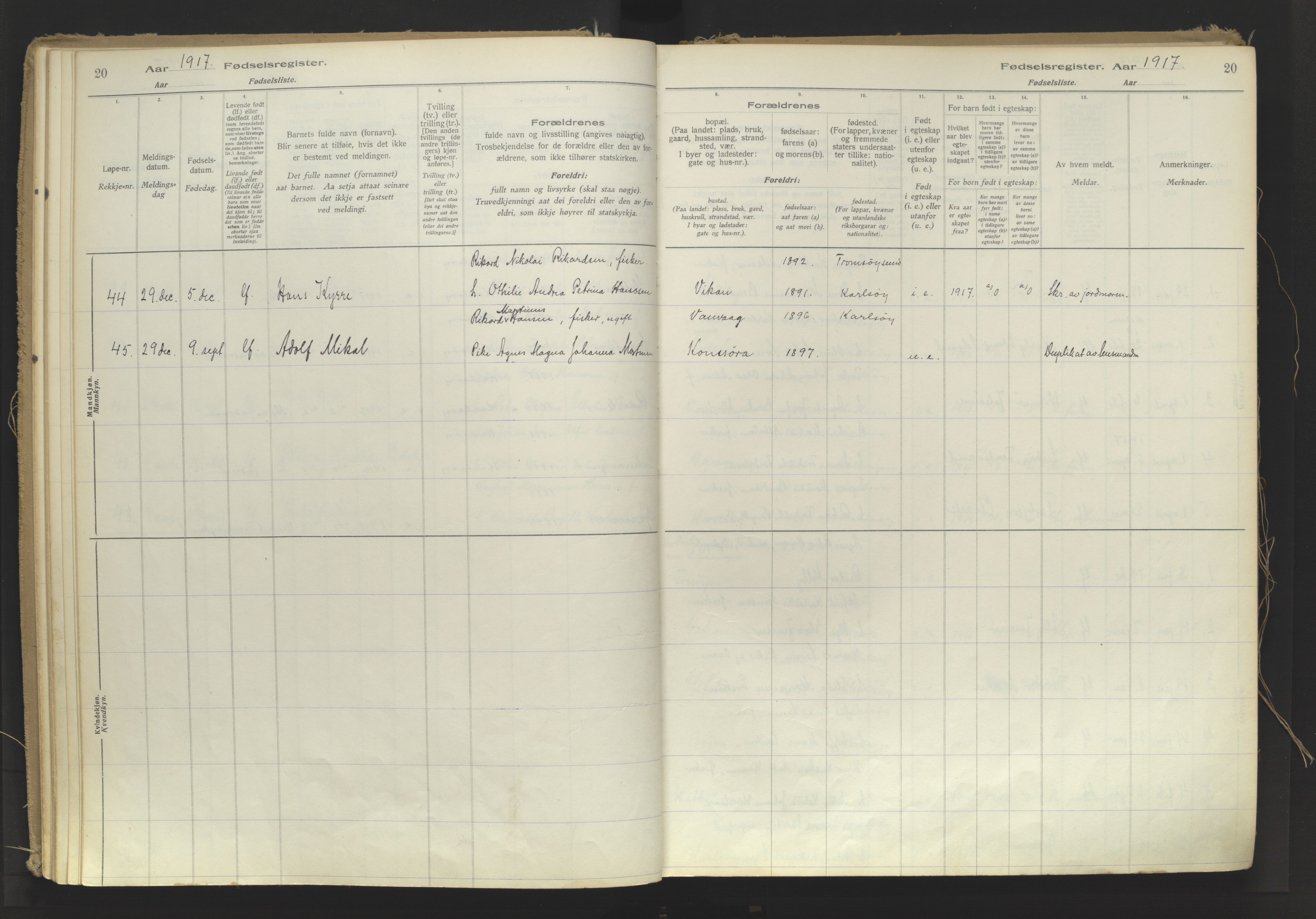 Karlsøy sokneprestembete, AV/SATØ-S-1299/I/Ic/L0064: Birth register no. 64, 1916-1943, p. 20