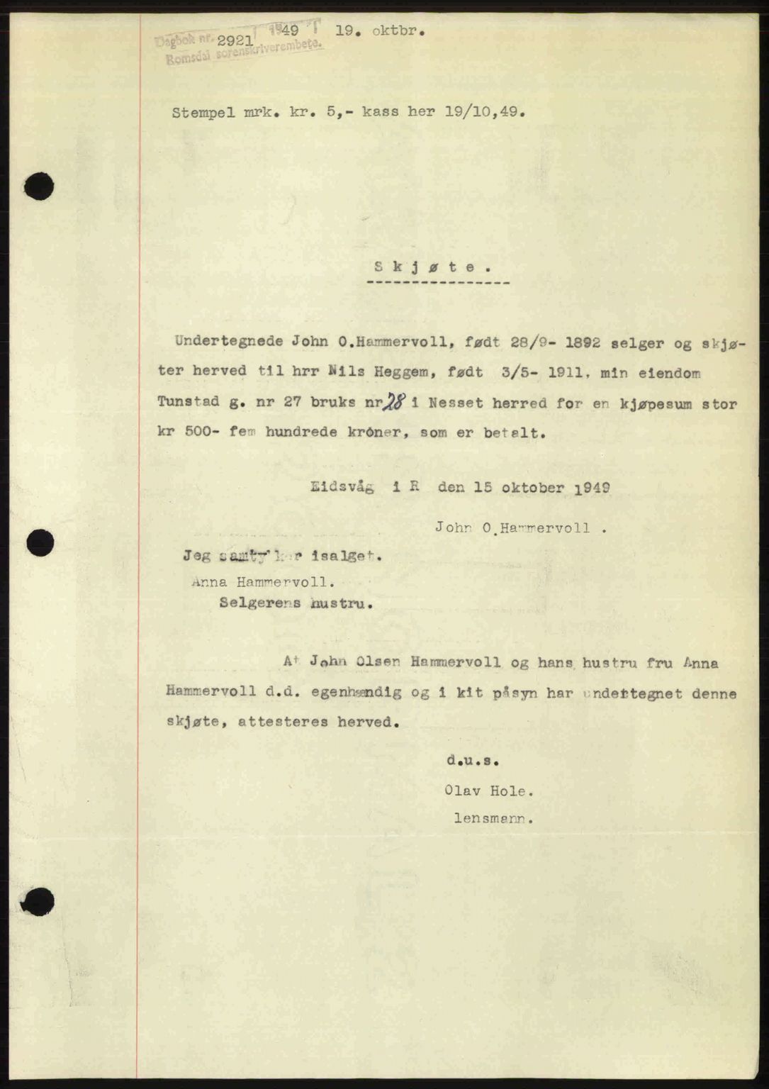 Romsdal sorenskriveri, AV/SAT-A-4149/1/2/2C: Mortgage book no. A31, 1949-1949, Diary no: : 2921/1949