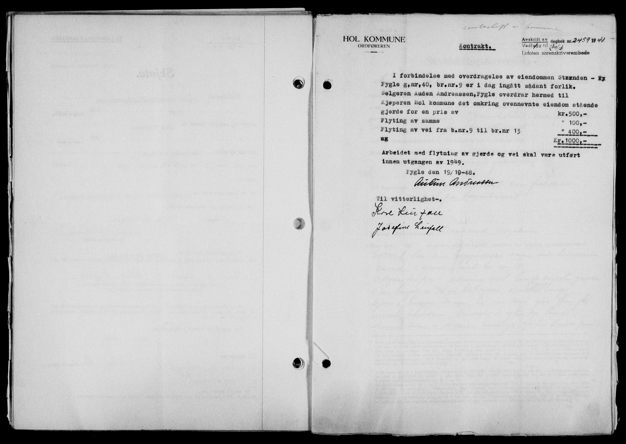 Lofoten sorenskriveri, SAT/A-0017/1/2/2C/L0019a: Mortgage book no. 19a, 1948-1948, Diary no: : 2459/1948
