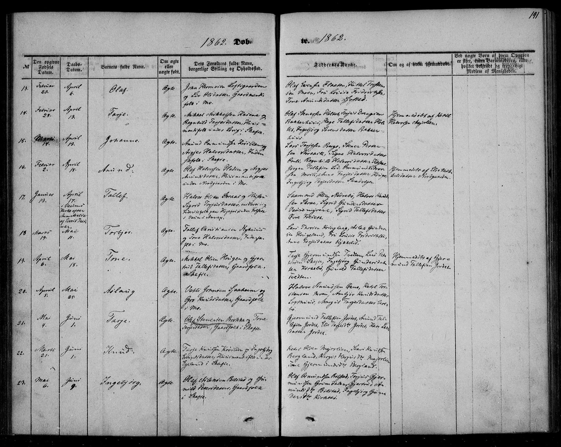 Mo kirkebøker, SAKO/A-286/F/Fa/L0005: Parish register (official) no. I 5, 1844-1864, p. 141