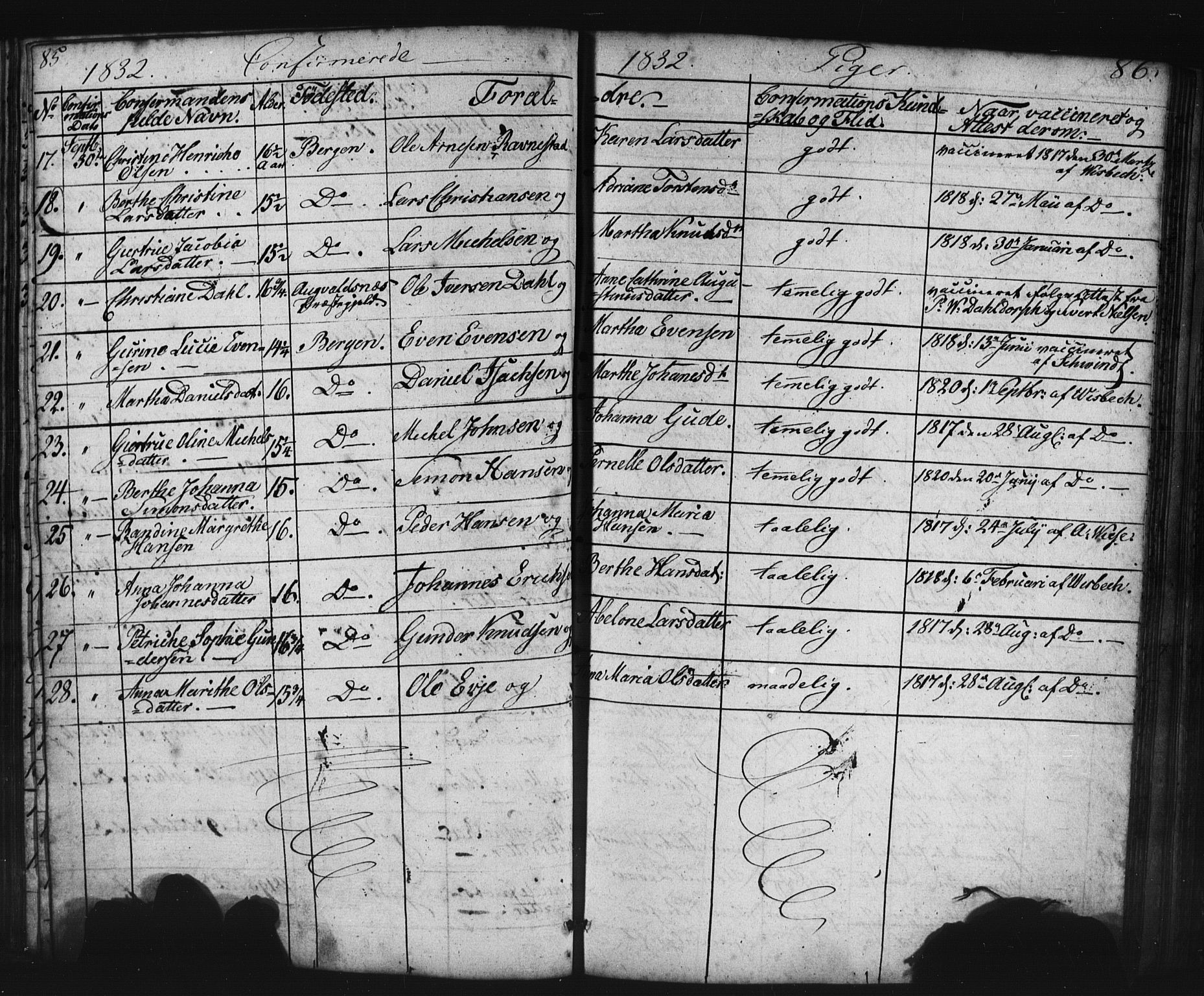 Domkirken sokneprestembete, AV/SAB-A-74801/H/Haa/L0063: Curate's parish register no. A 1, 1821-1848, p. 85-86