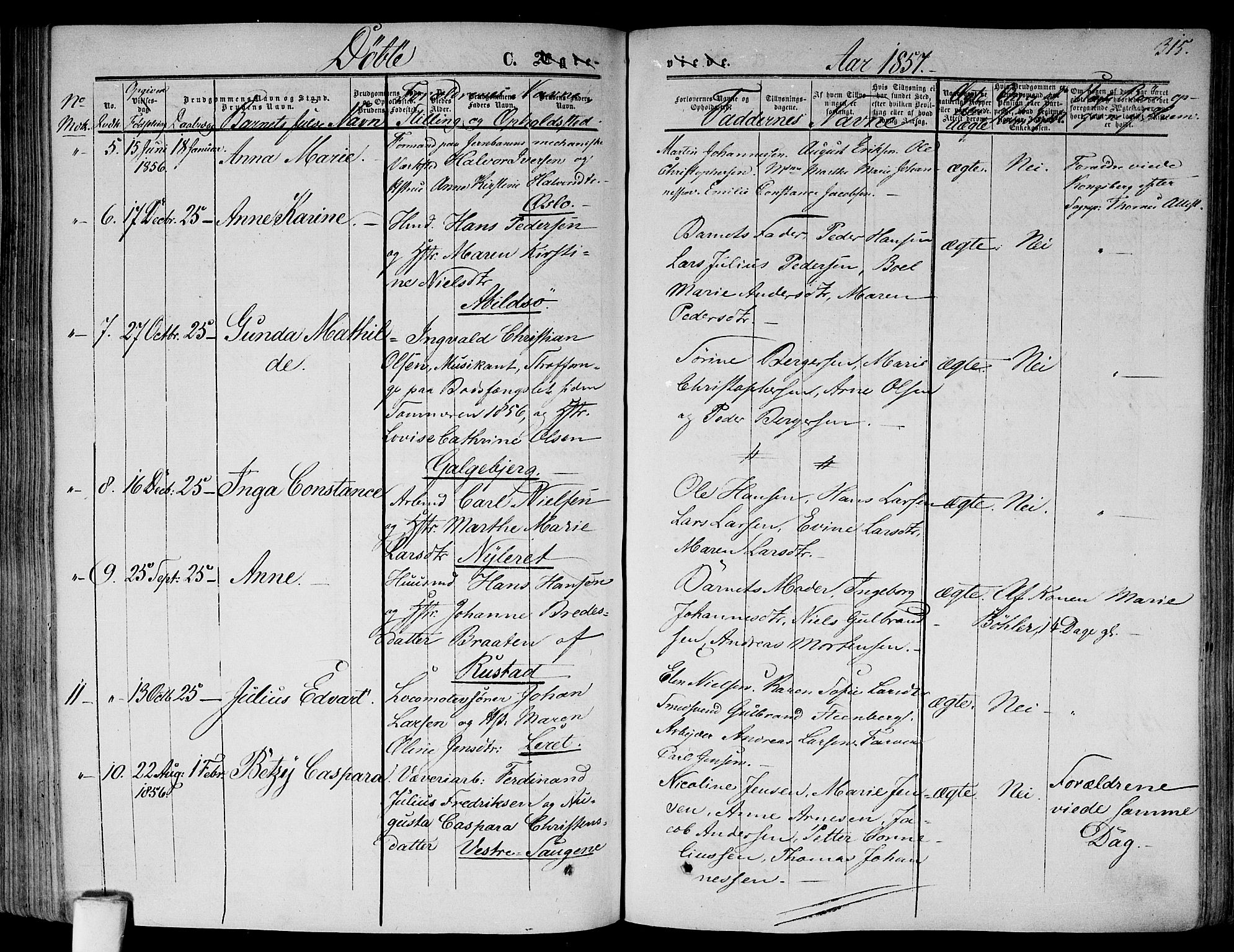 Gamlebyen prestekontor Kirkebøker, AV/SAO-A-10884/F/Fa/L0004: Parish register (official) no. 4, 1850-1857, p. 315