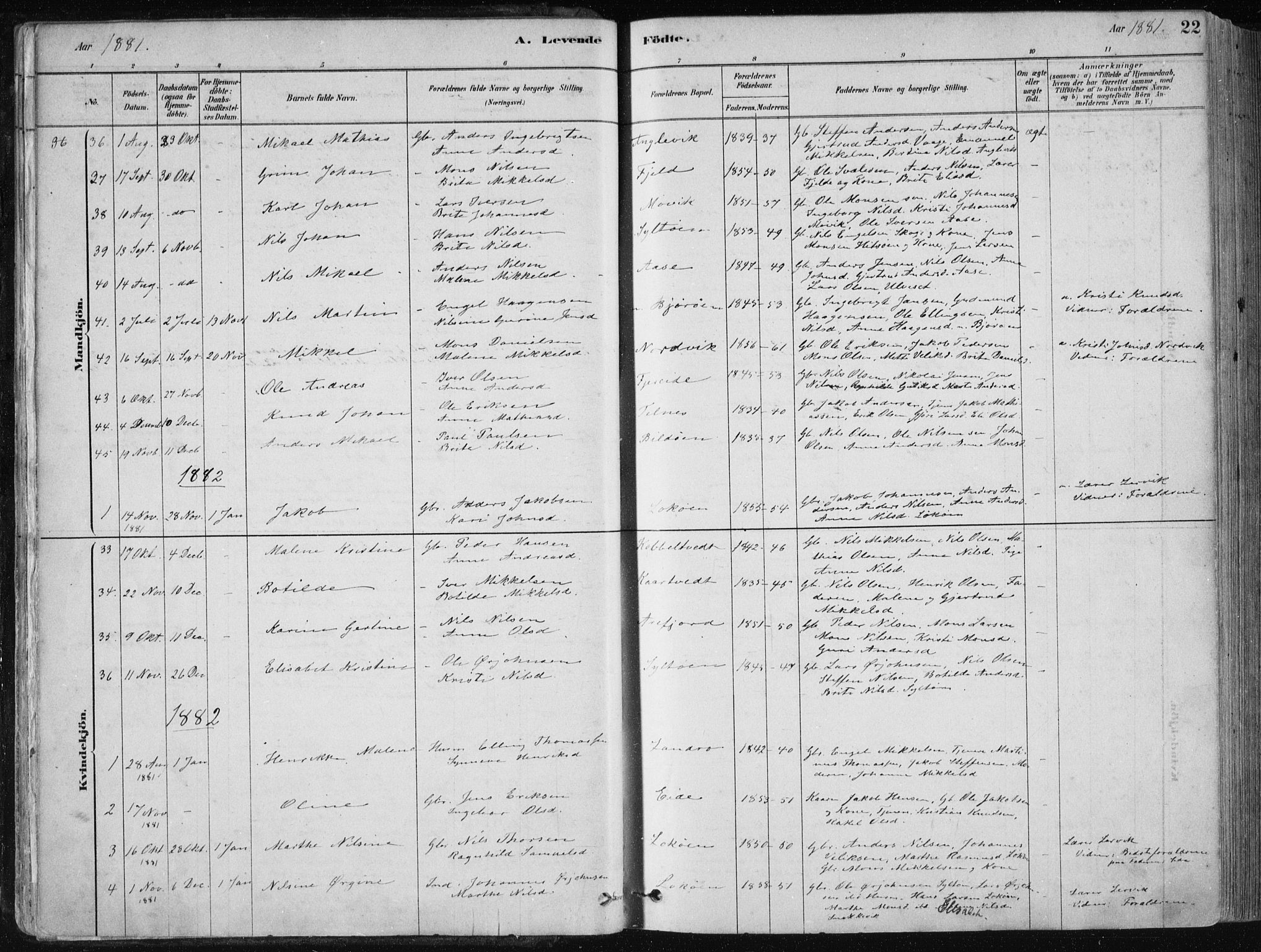 Fjell sokneprestembete, SAB/A-75301/H/Haa: Parish register (official) no. A  8, 1878-1898, p. 22