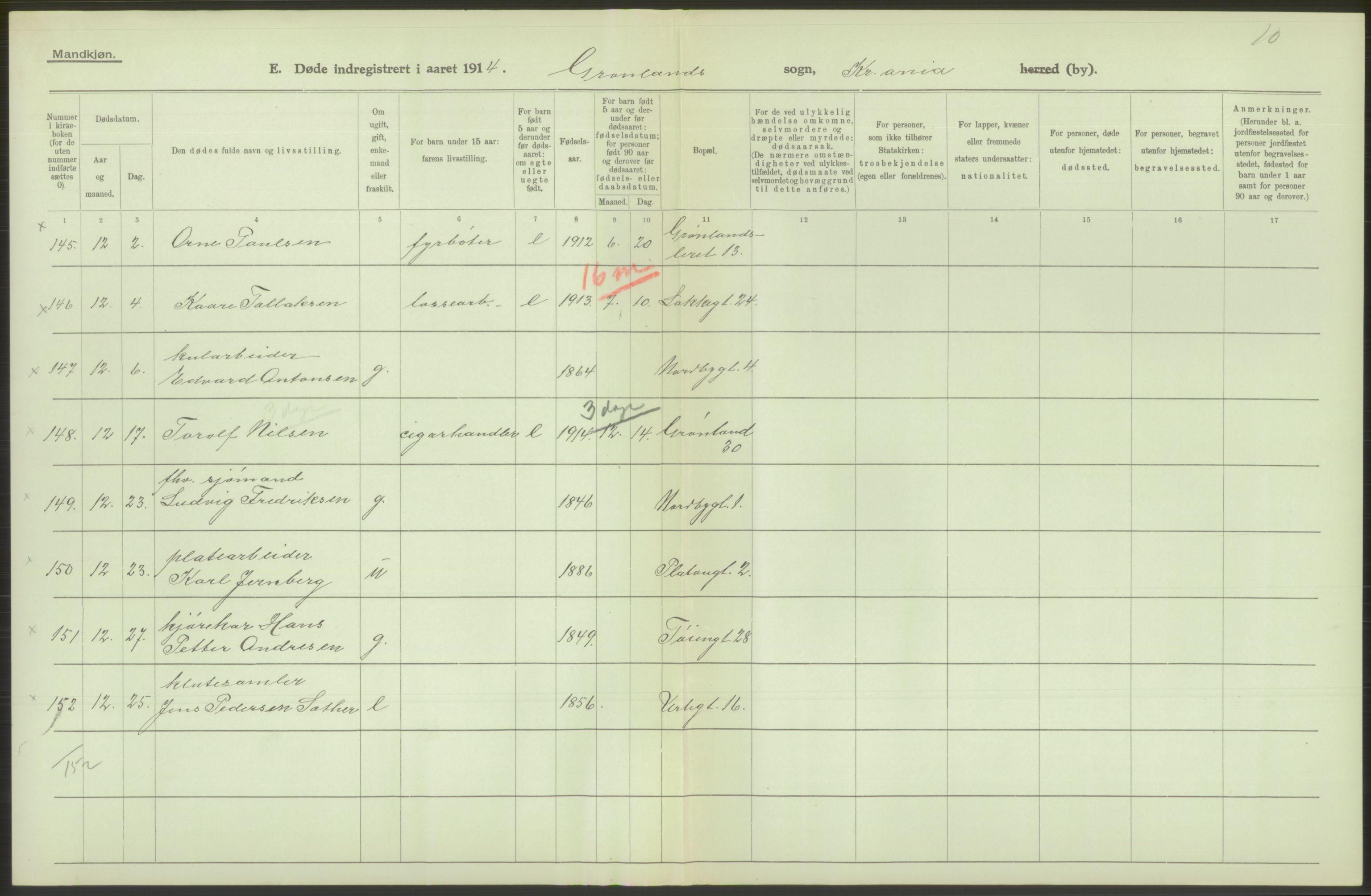 Statistisk sentralbyrå, Sosiodemografiske emner, Befolkning, AV/RA-S-2228/D/Df/Dfb/Dfbd/L0008: Kristiania: Døde, 1914, p. 480