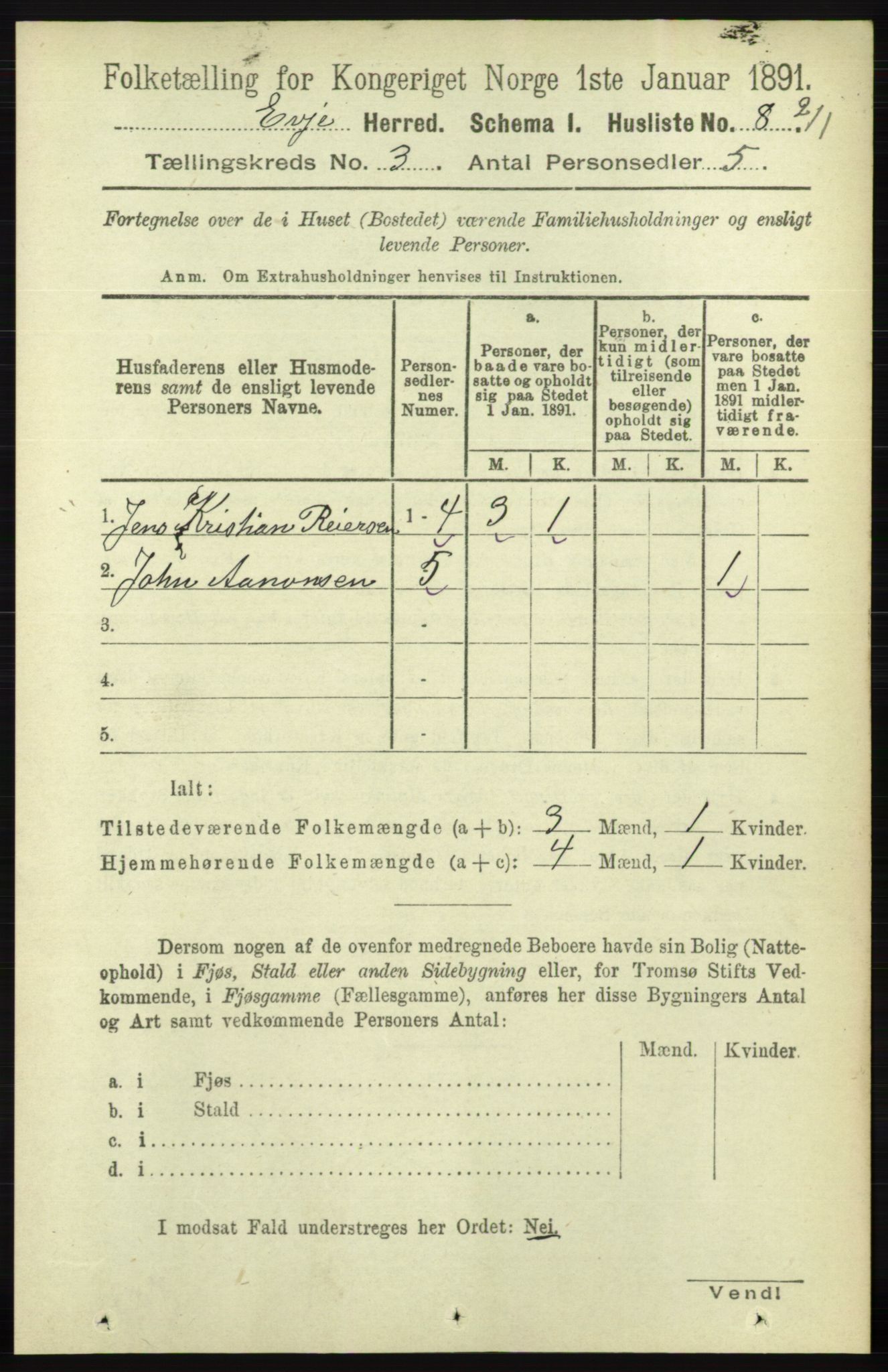 RA, 1891 census for 0937 Evje, 1891, p. 623