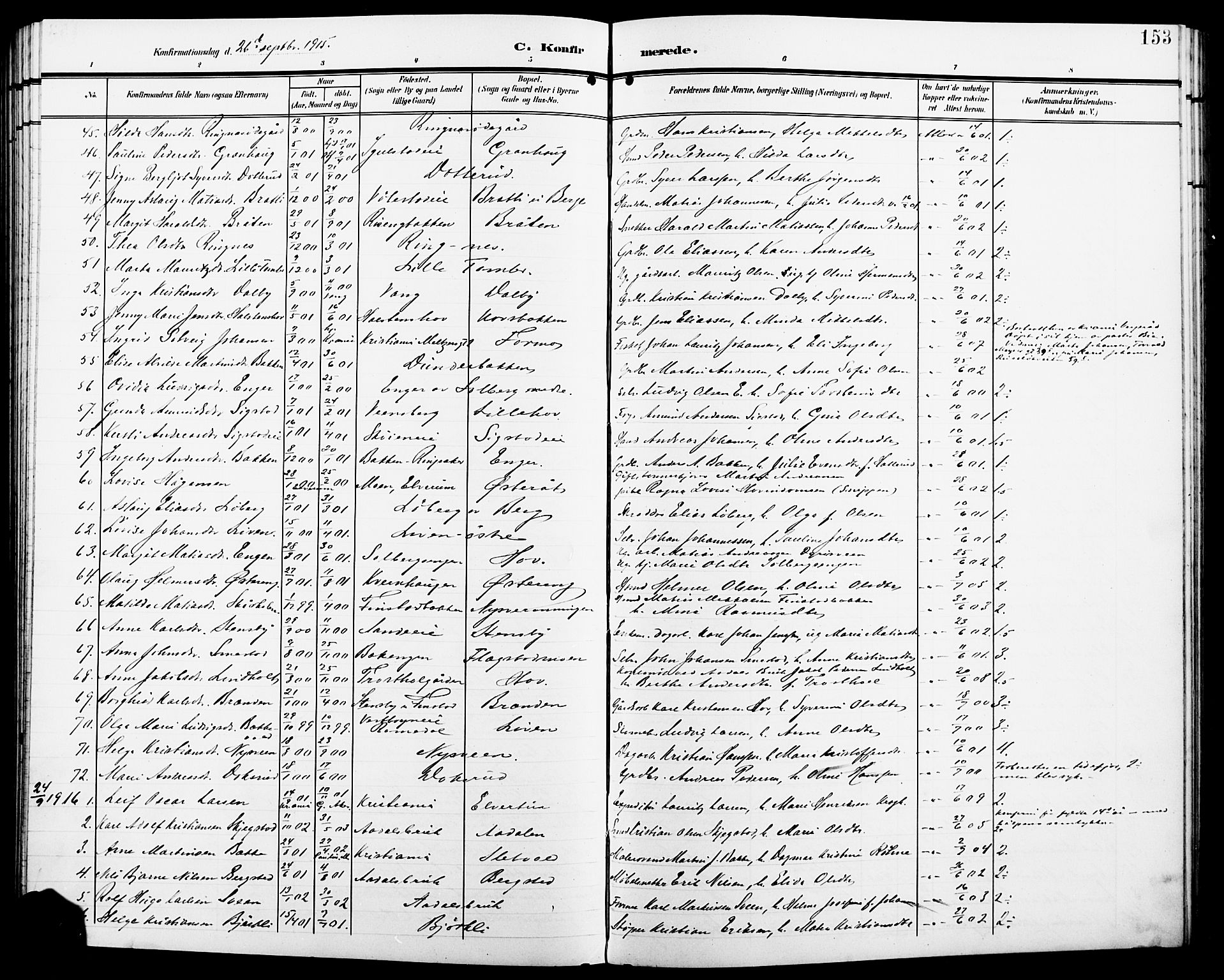 Løten prestekontor, SAH/PREST-022/L/La/L0007: Parish register (copy) no. 7, 1910-1919, p. 153