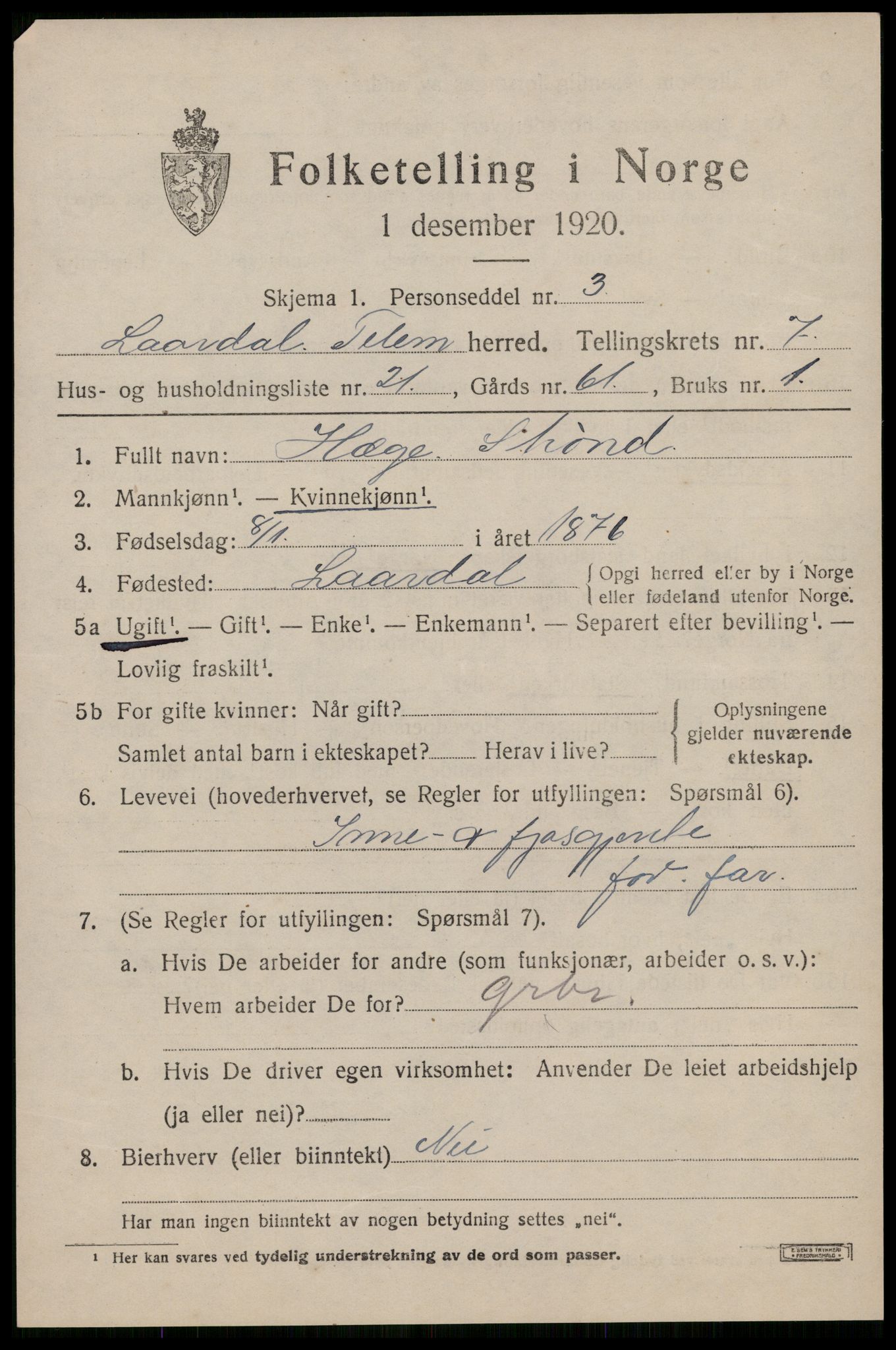 SAKO, 1920 census for Lårdal, 1920, p. 2895