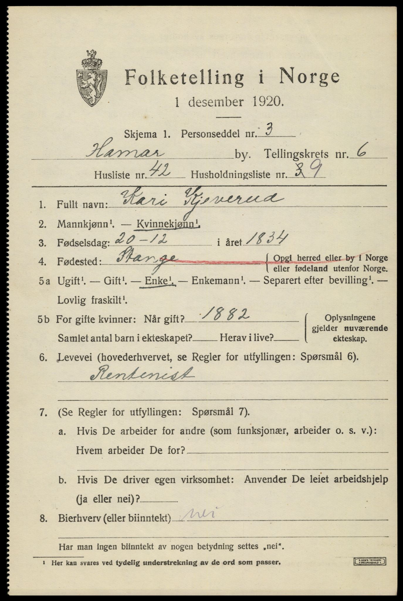 SAH, 1920 census for Hamar, 1920, p. 12063