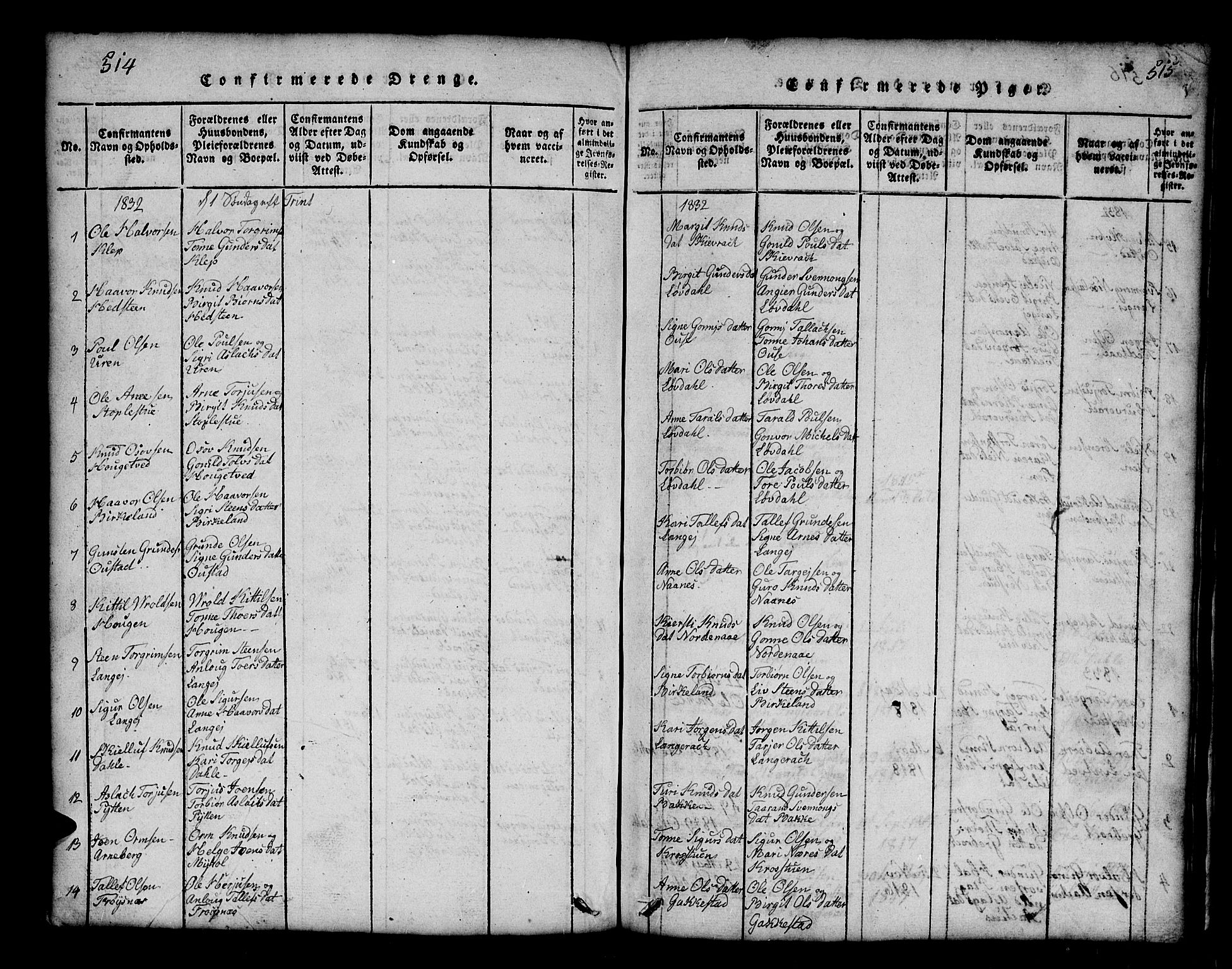 Bygland sokneprestkontor, SAK/1111-0006/F/Fb/Fbb/L0001: Parish register (copy) no. B 1, 1816-1843, p. 515-516